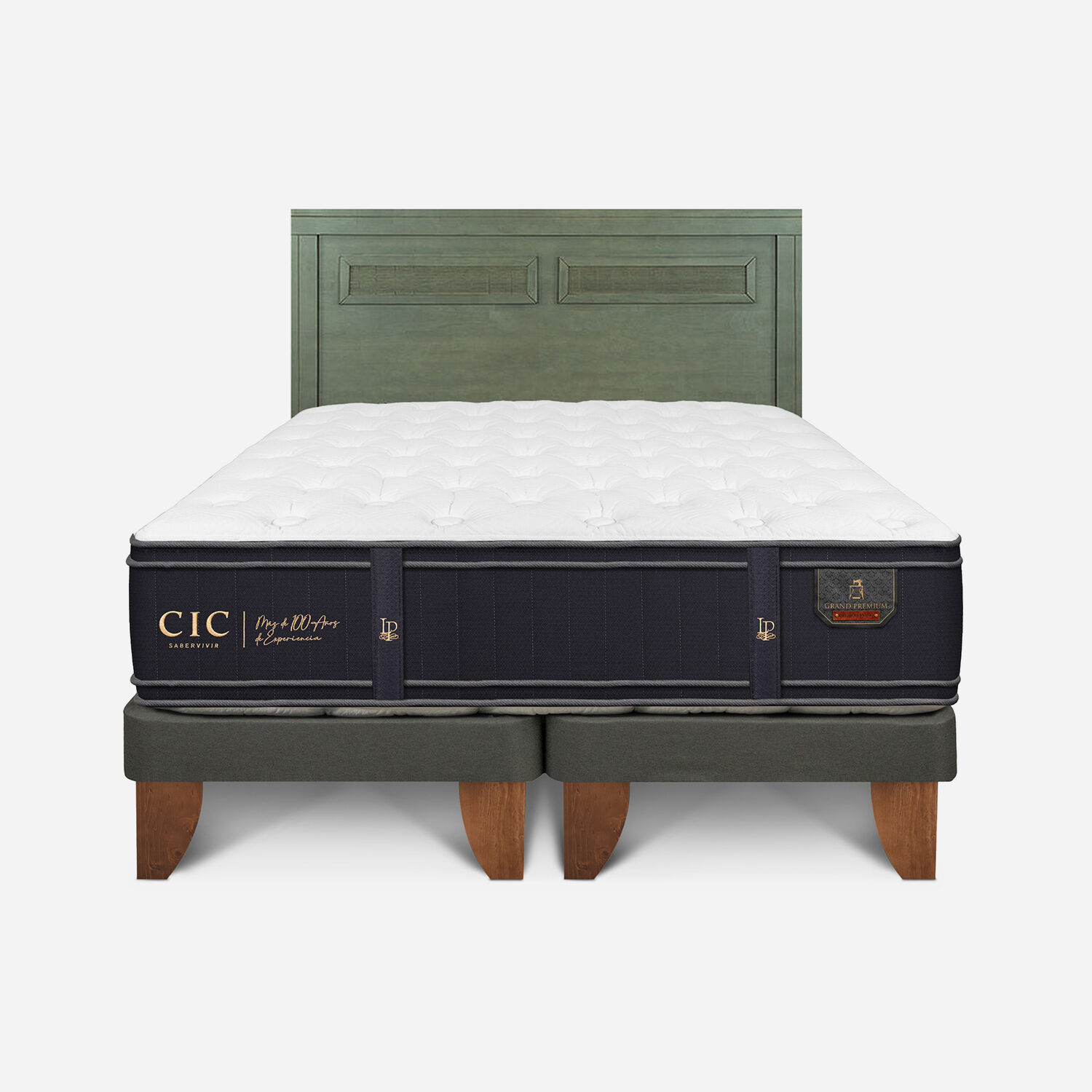 Cama Europea King Grand Premium + Respaldo Mil&aacute;n Olivo