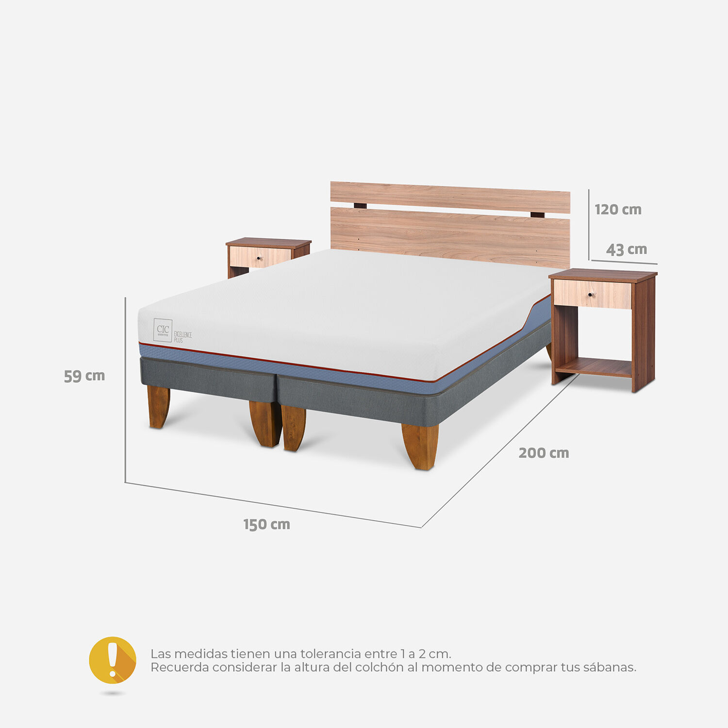 Cama Europea 2 Plazas Excellence Plus Base Dividida + Set Olmo