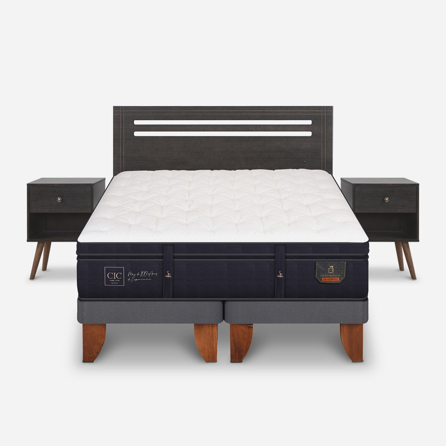 Cama Europea 2 Plazas Super Premium Base Dividida + Set M&uacute;nich Gris