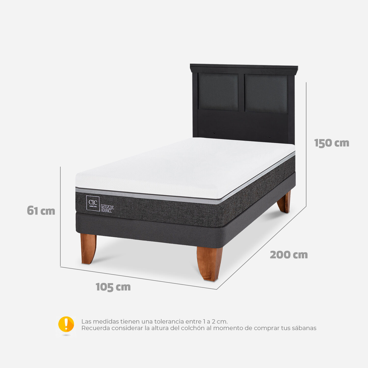 Cama Europea 1,5 Plazas Ortopedic Advance + Respaldo Torino Negro
