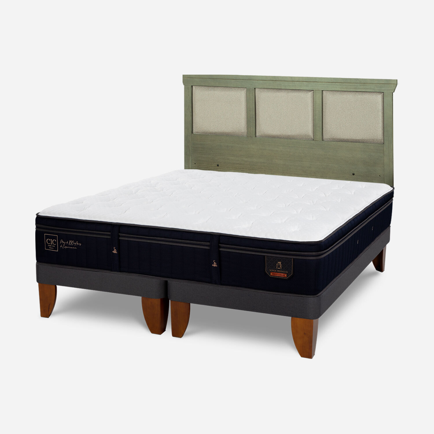 Cama Europea 2 Plazas Super Premium Base Dividida + Respaldo Torino Olivo