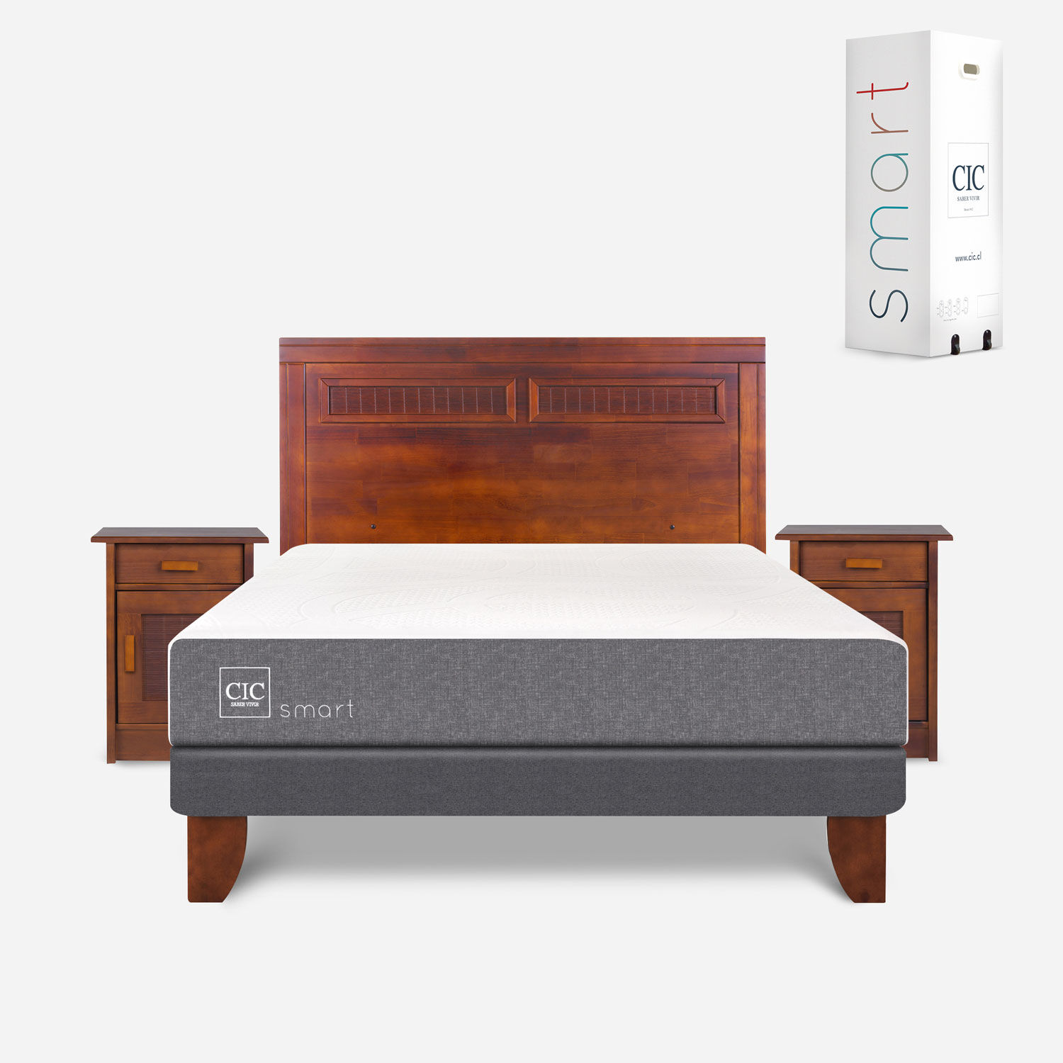 Cama Europea 2 Plazas Smart Base Normal + Set Mil&aacute;n Caramel