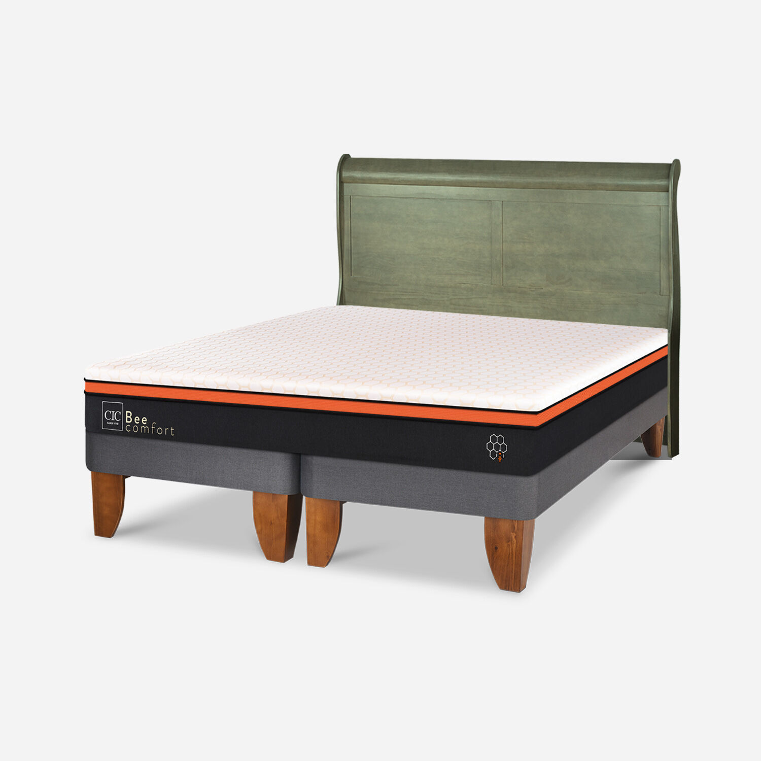Cama Europea 2 Plazas Bee Comfort Base Dividida + Respaldo Mir&oacute; Olivo
