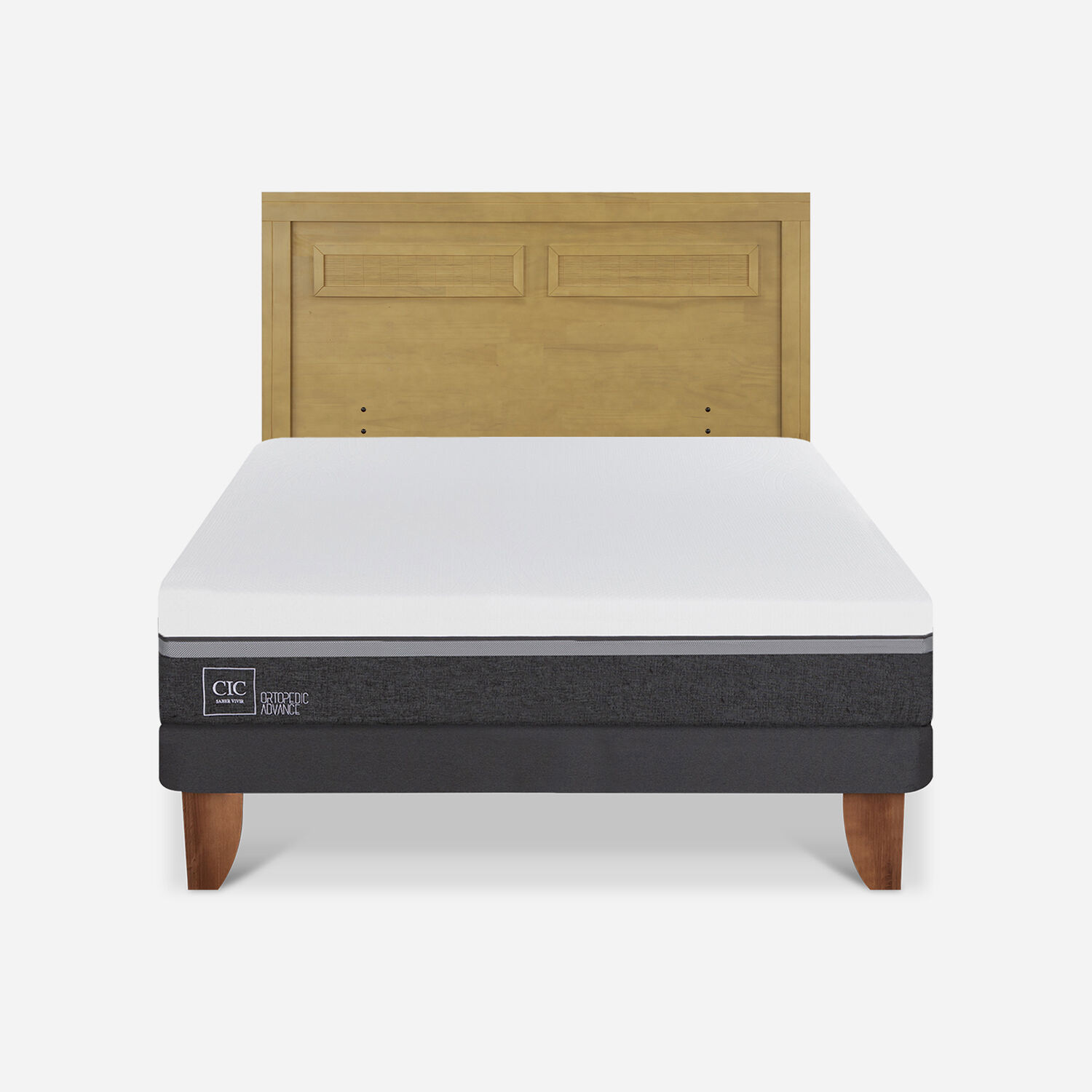 Cama Europea 2 Plazas Ortopedic Advance Base Normal + Respaldo Mil&aacute;n Mostaza