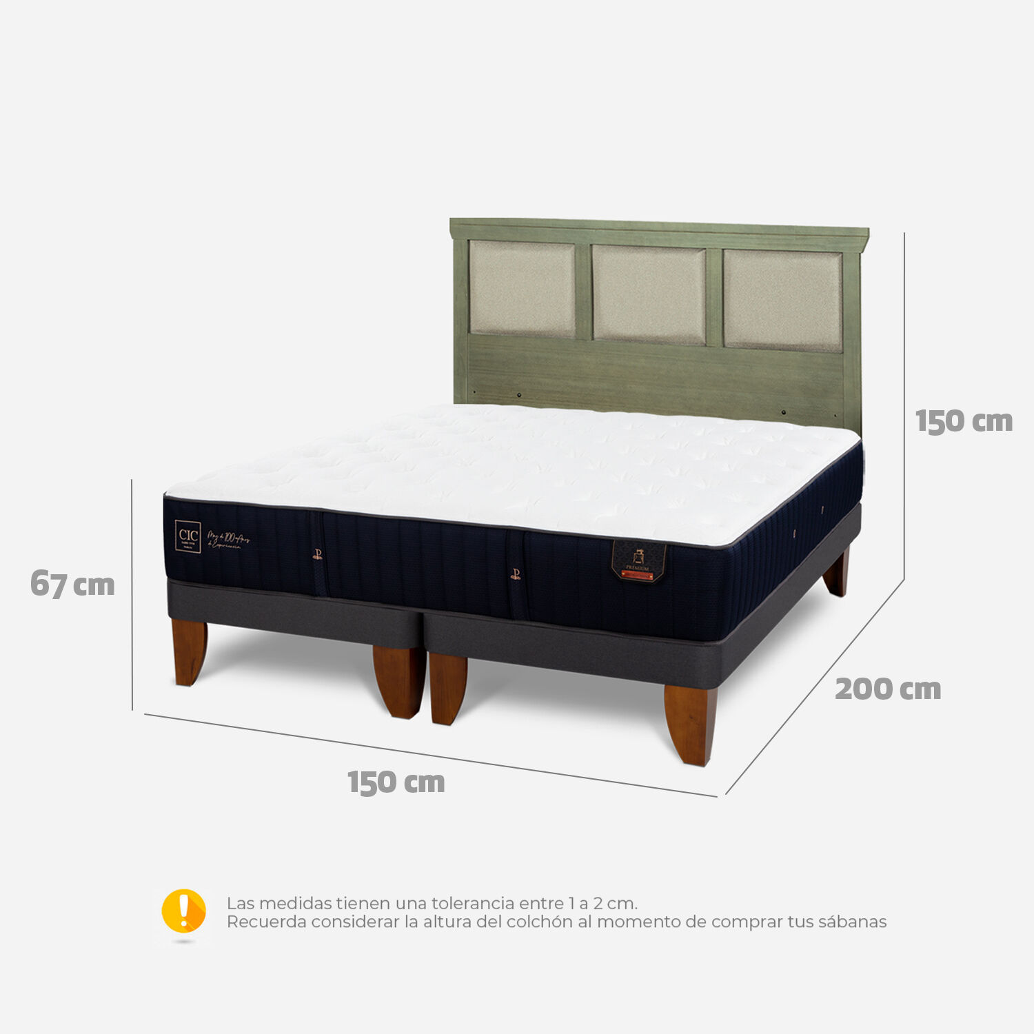 Cama Europea 2 Plazas Premium Base Dividida + Respaldo Torino Olivo