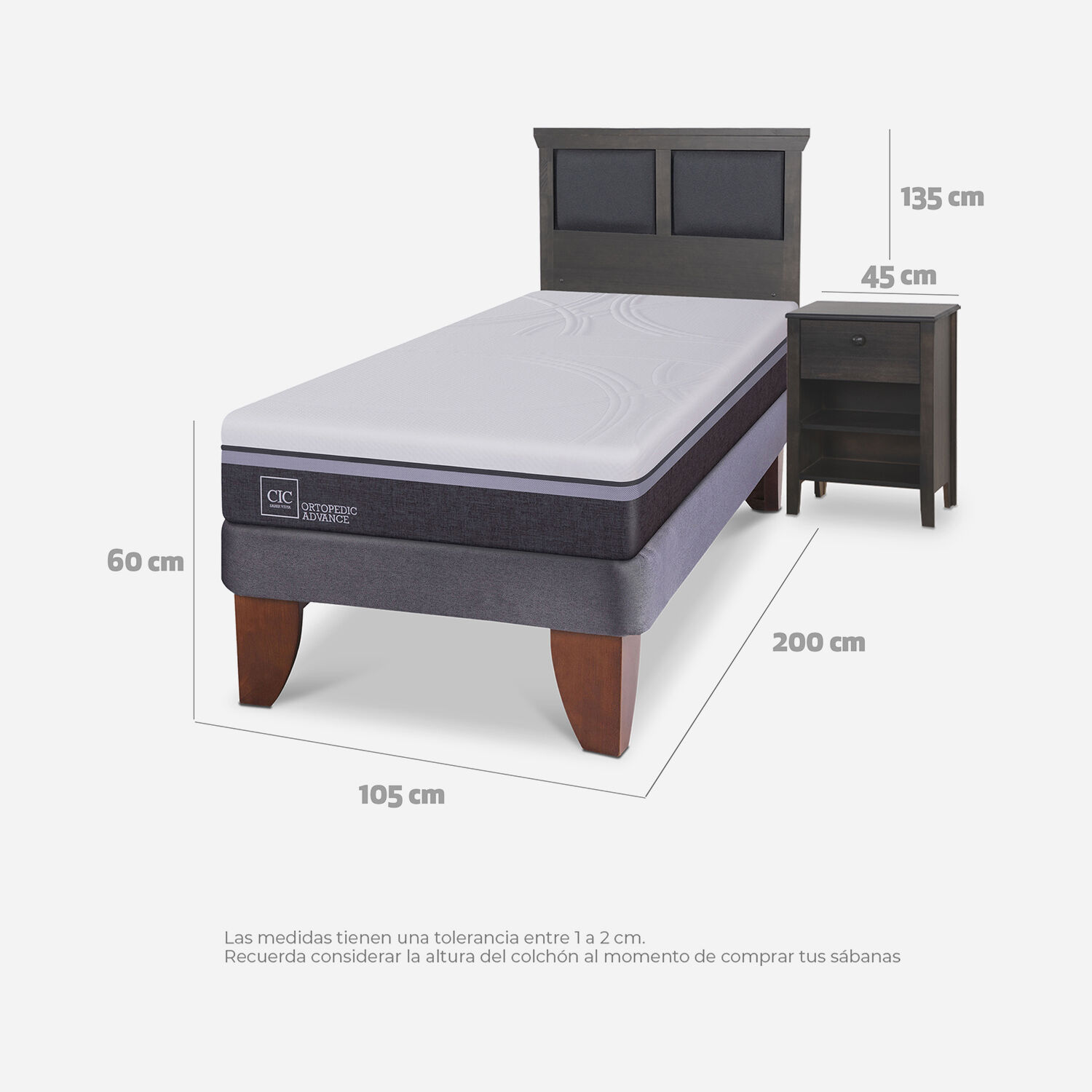 Cama Europea 1,5 Plazas Ortopedic Advance + Set Torino Gris