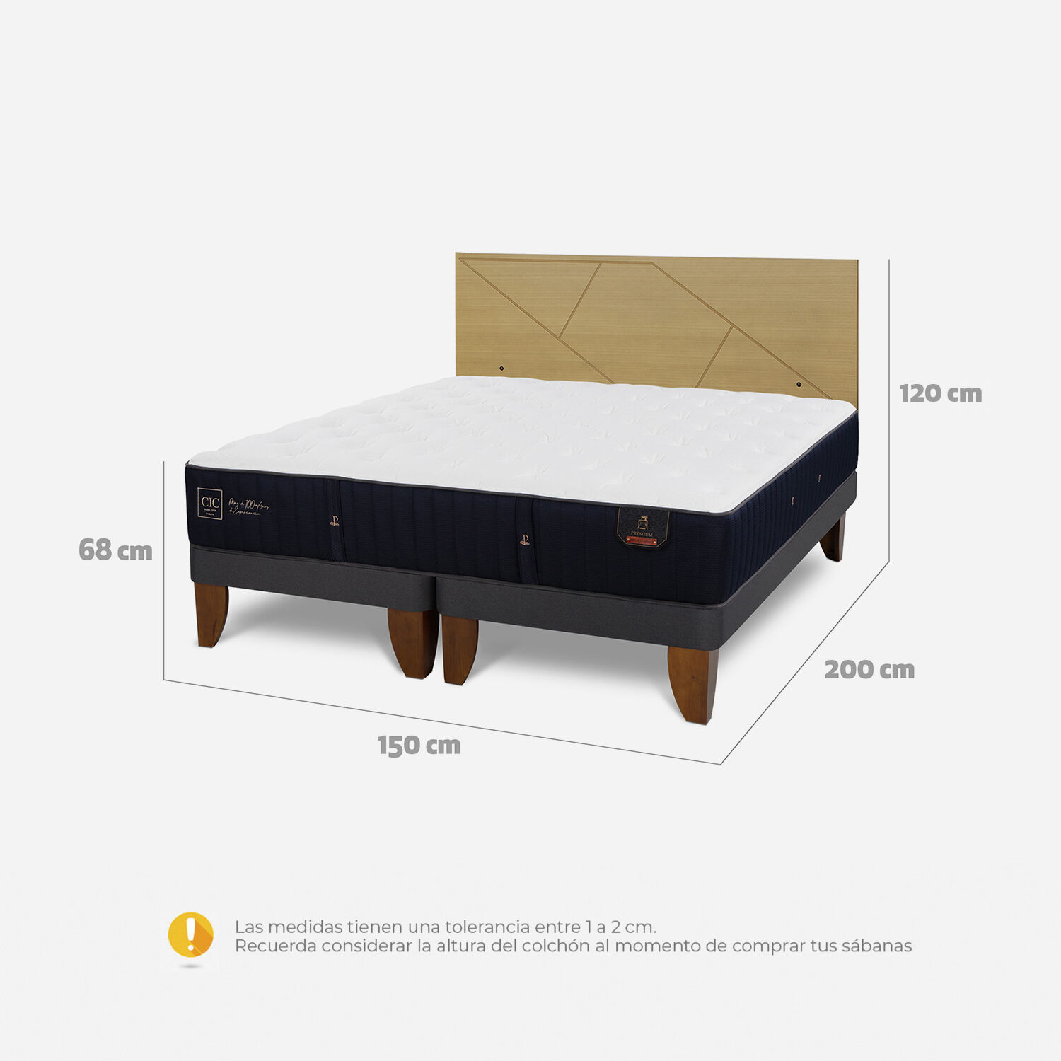Cama Europea 2 Plazas Premium Base Dividida + Respaldo Villarrica Mostaza