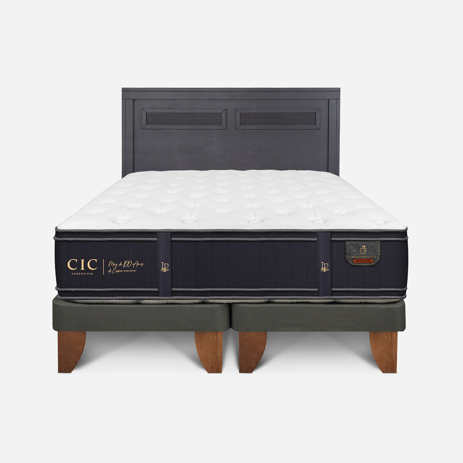 Cama Europea 2 Plazas Grand Premium Base Dividida + Respaldo Mil&aacute;n Negro