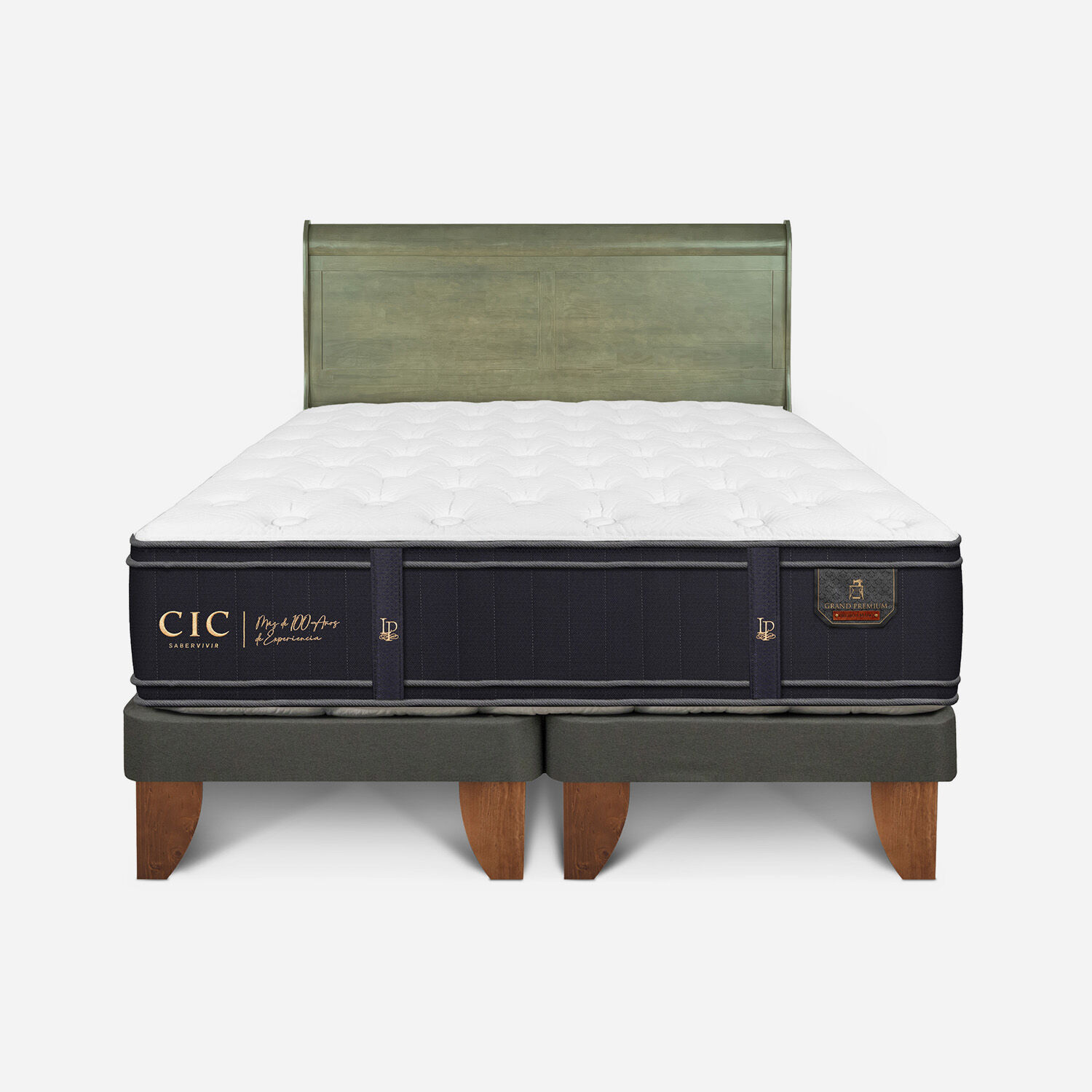 Cama Europea King Grand Premium + Respaldo Mir&oacute; Olivo