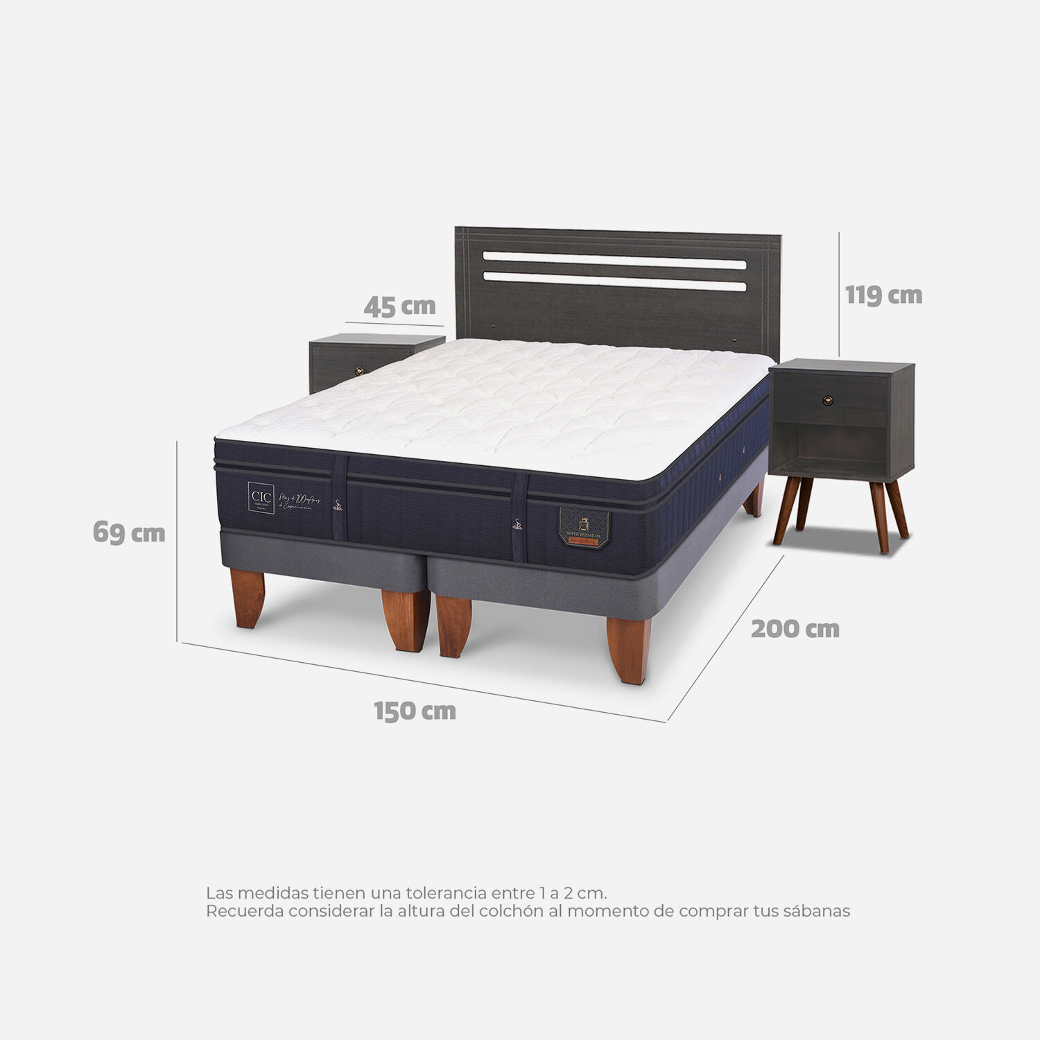 Cama Europea 2 Plazas Super Premium Base Dividida + Set M&uacute;nich Gris