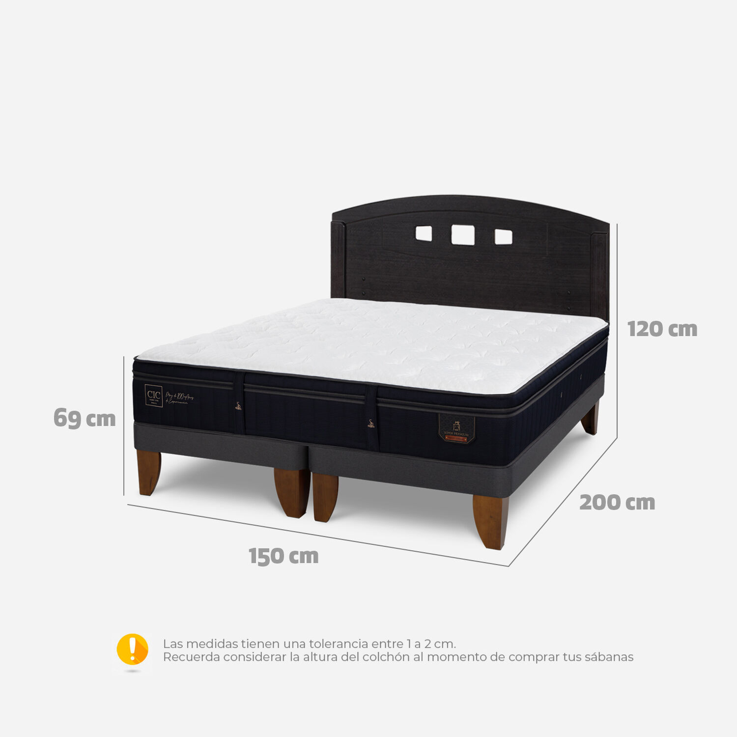 Cama Europea 2 Plazas Super Premium Base Dividida + Respaldo Gales Negro