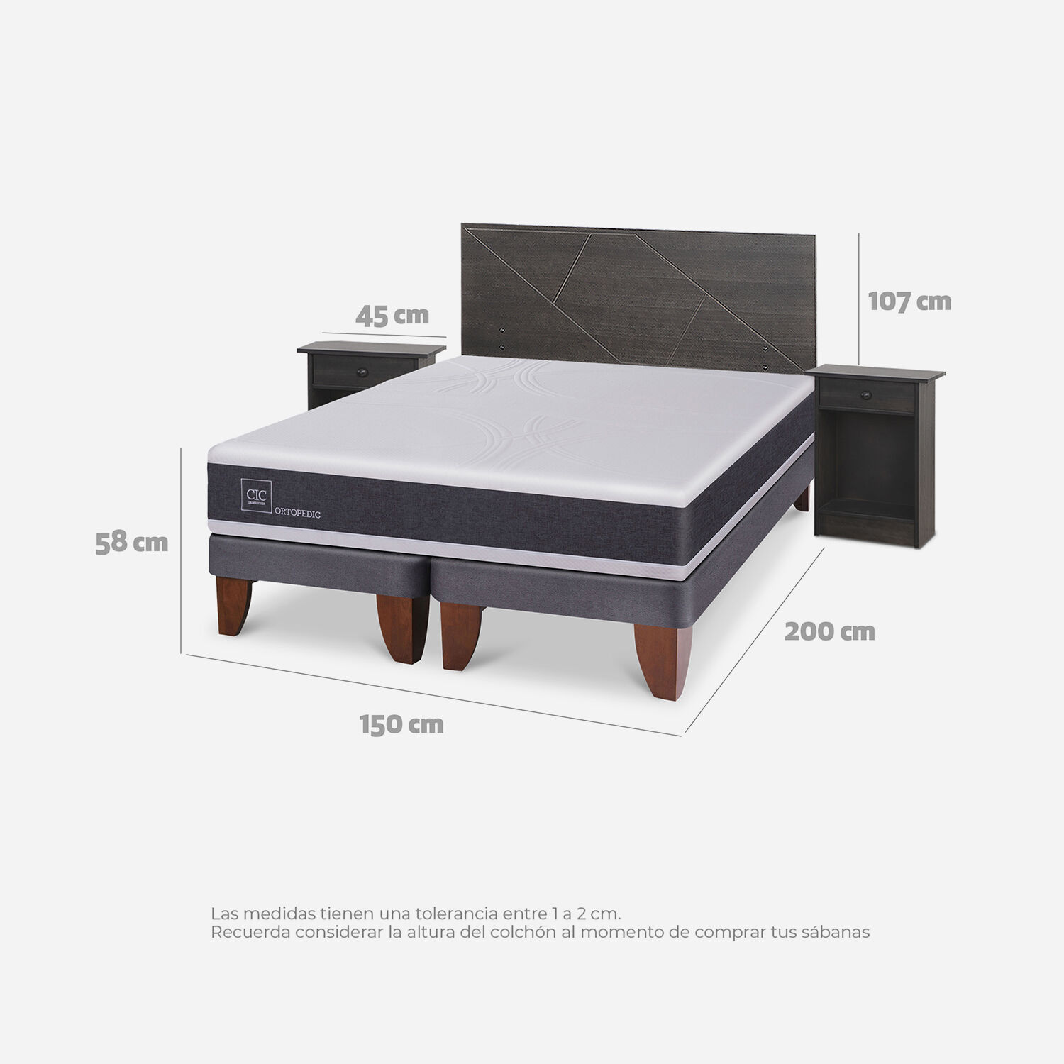 Cama Europea 2 Plazas Ortopedic Base Dividida + Set Villarrica Gris