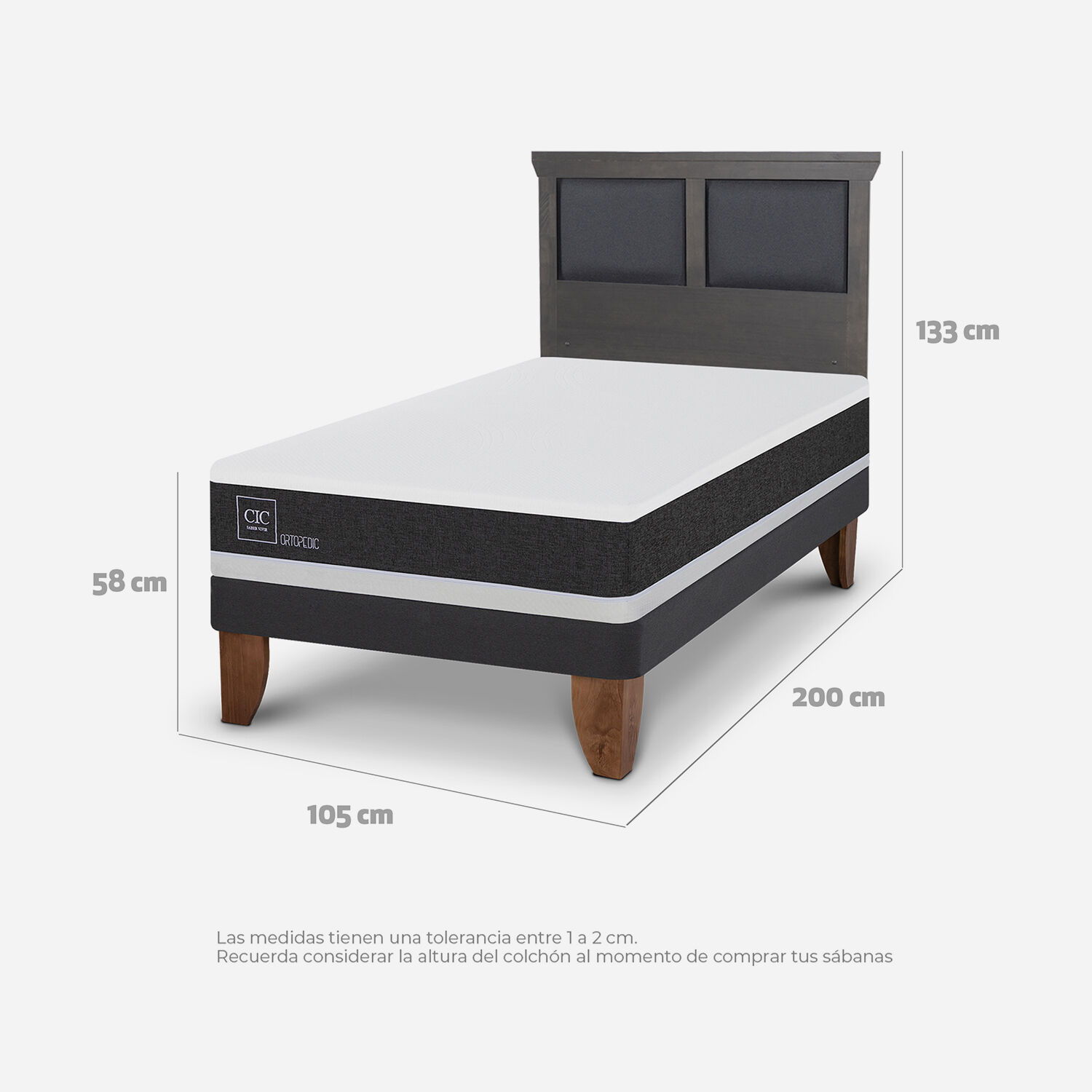 Cama Europea 1,5 Plazas Ortopedic + Respaldo Torino Gris