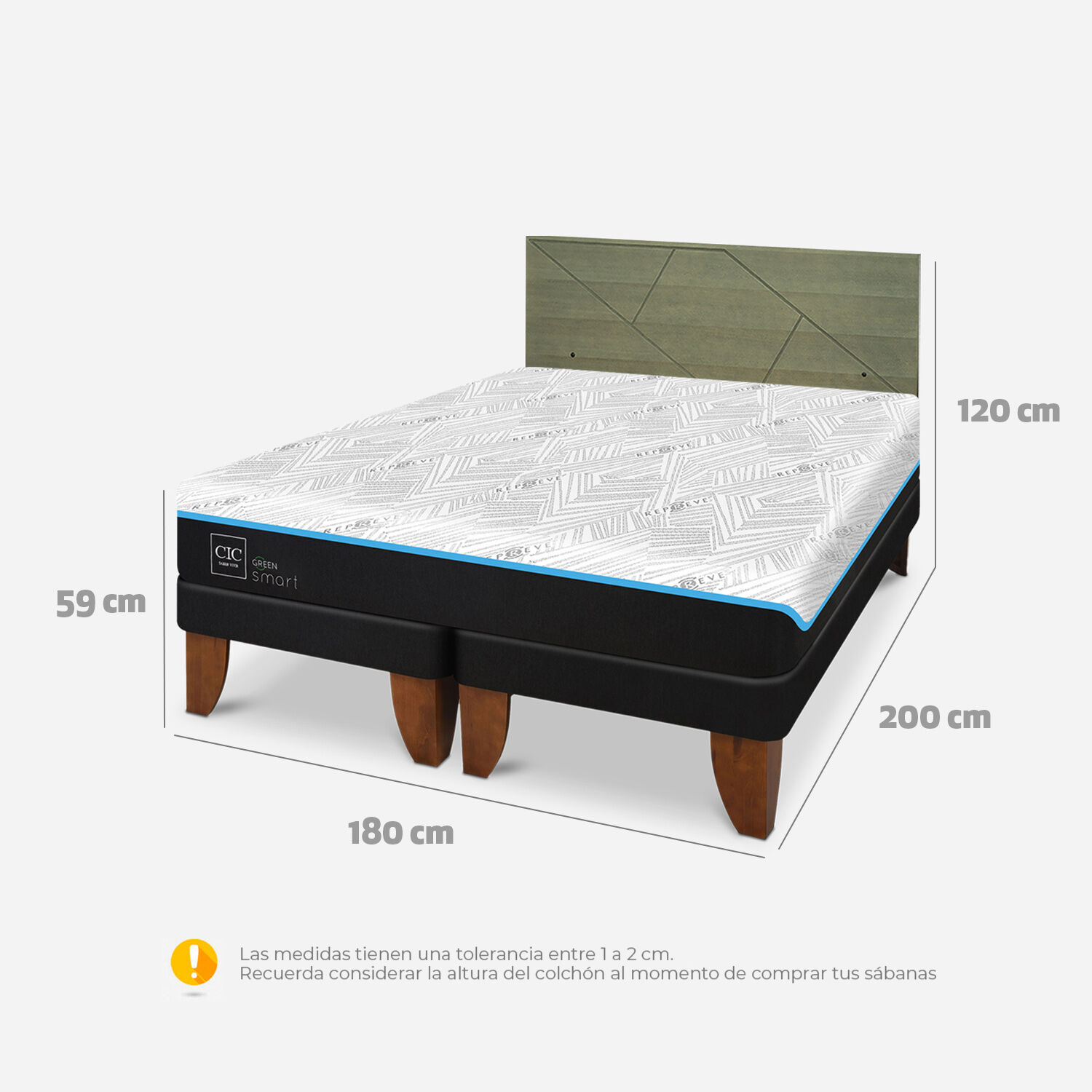 Cama Europea King Green Infinity + Respaldo Villarrica Olivo