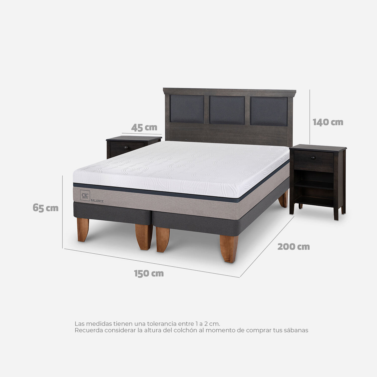 Cama Europea 2 Plazas Balance Base Dividida + Set Torino Gris