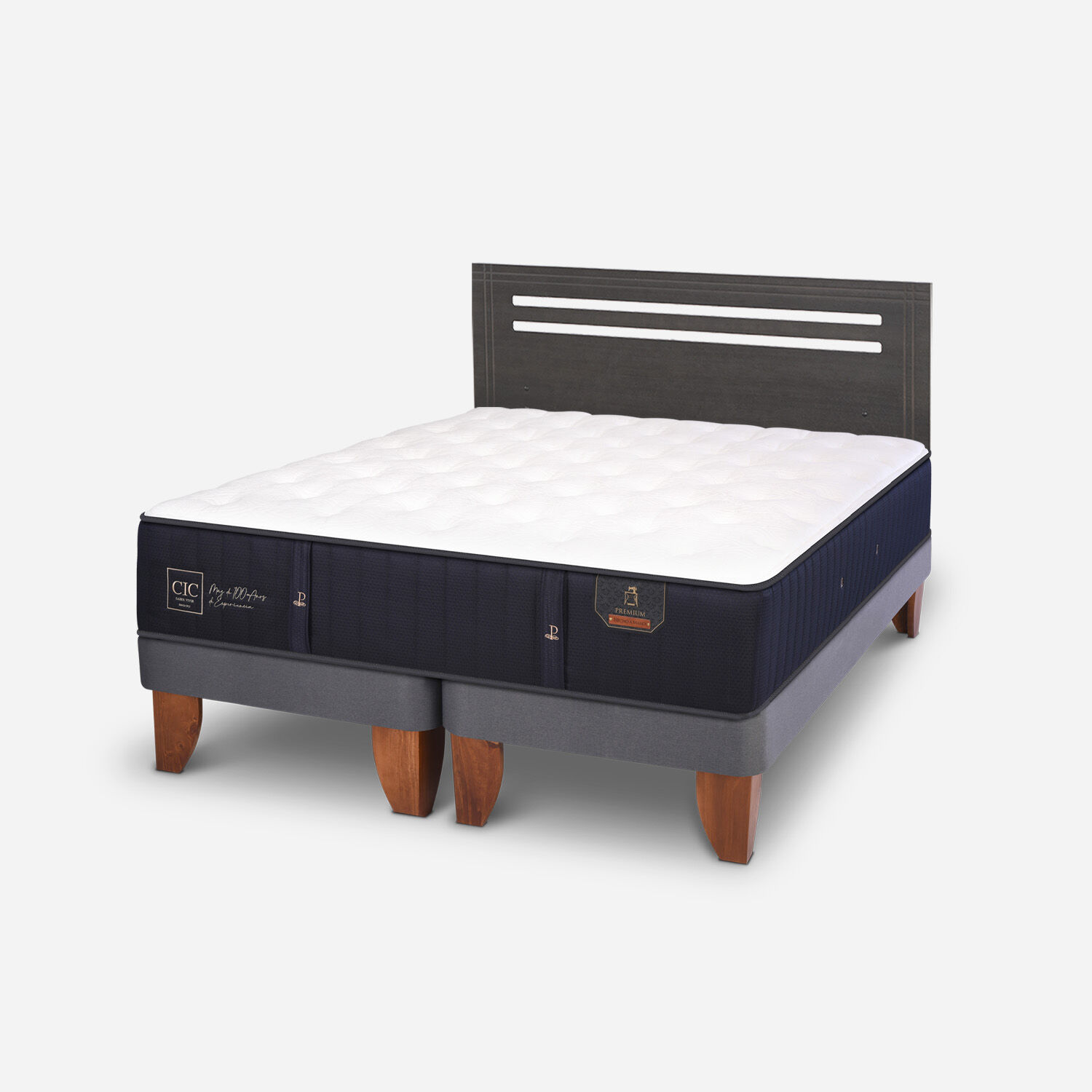 Cama Europea 2 Plazas Premium Base Dividida + Respaldo M&uacute;nich Gris