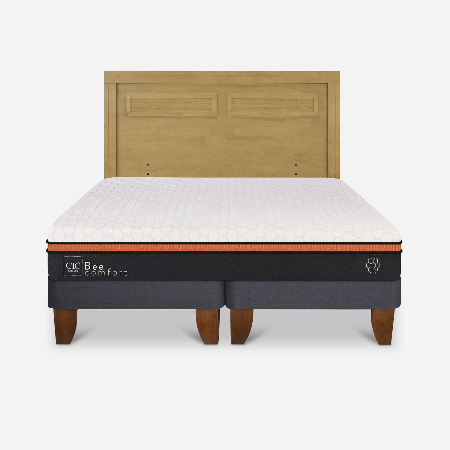 Cama Europea King Bee Comfort + Respaldo Mil&aacute;n Mostaza