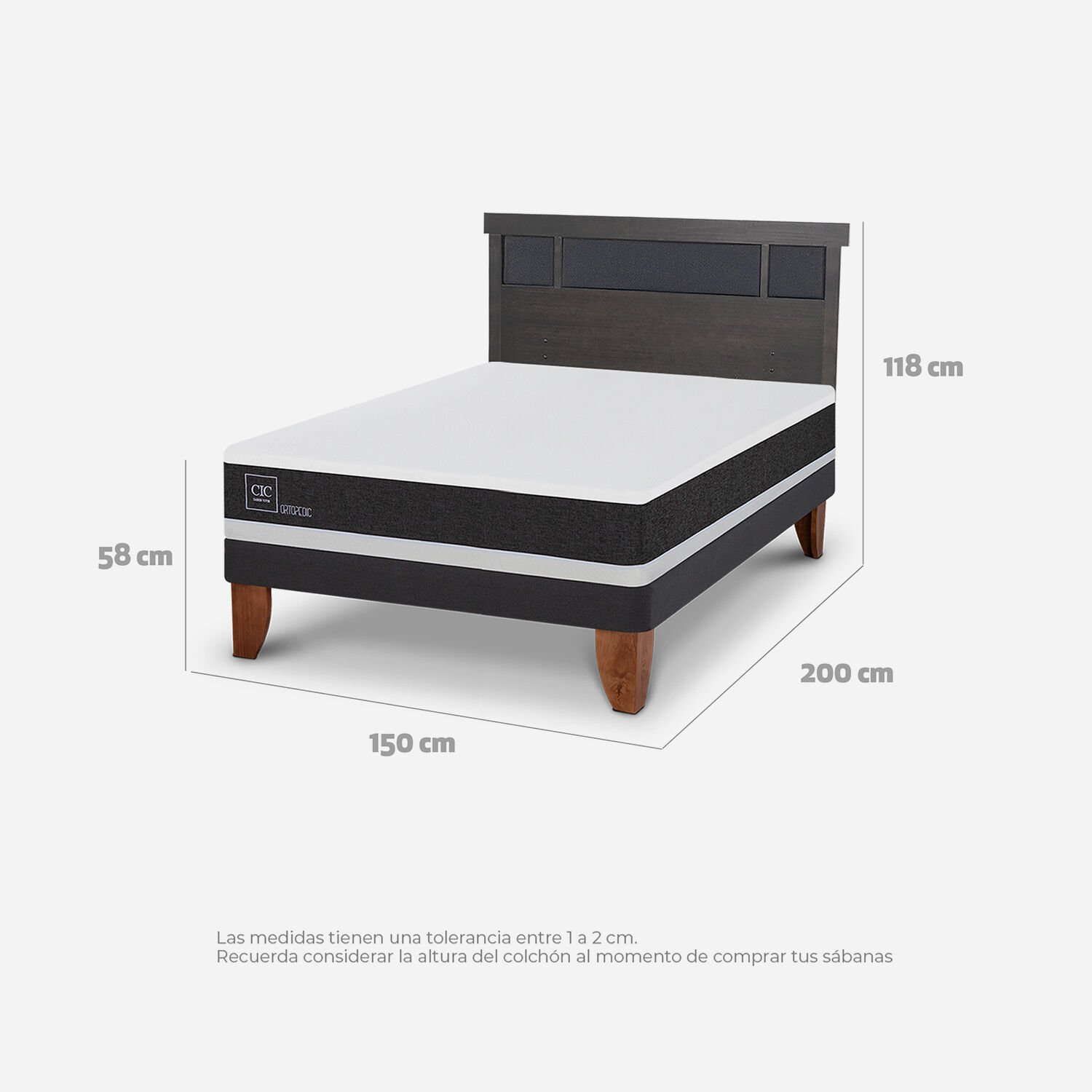 Cama Europea 2 Plazas Ortopedic Base Normal + RespaldoDubl&iacute;n Gris