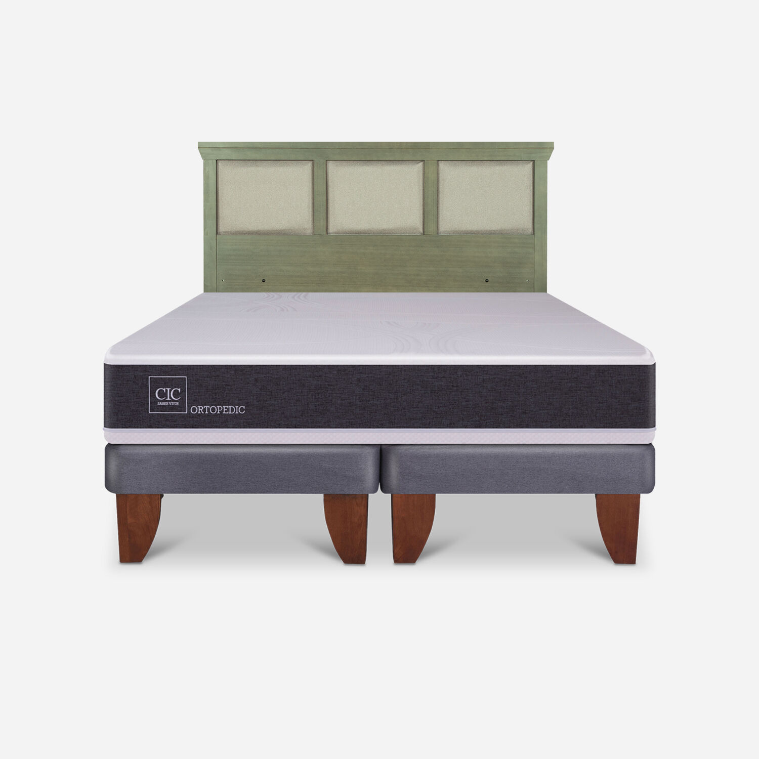Cama Europea 2 Plazas Ortopedic Base Dividida + Respaldo Torino Olivo