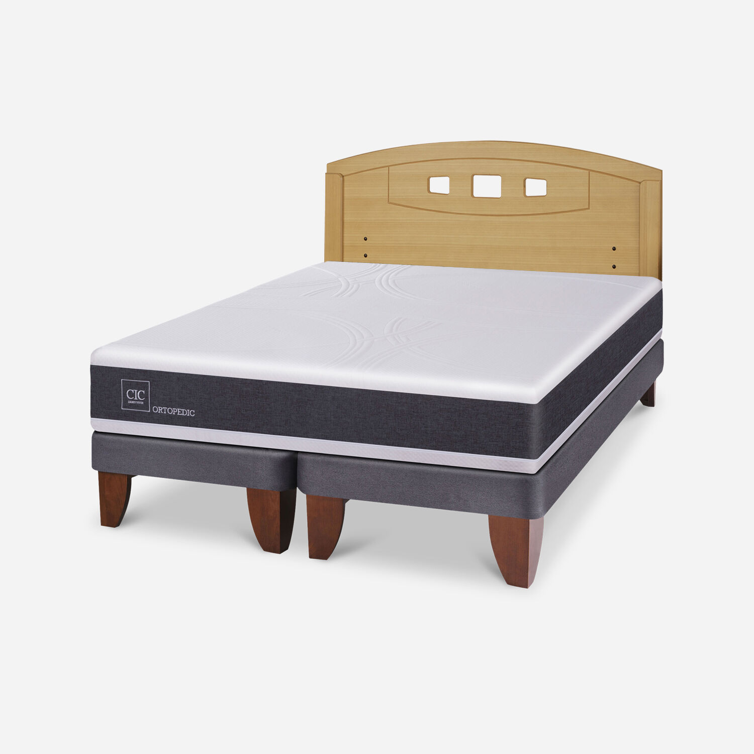 Cama Europea 2 Plazas Ortopedic Base Dividida + Respaldo Gales Mostaza