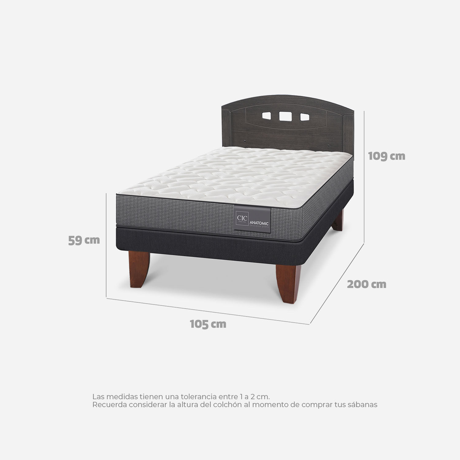 Cama Europea 1,5 Plazas Anatomic + Respaldo Gales Gris