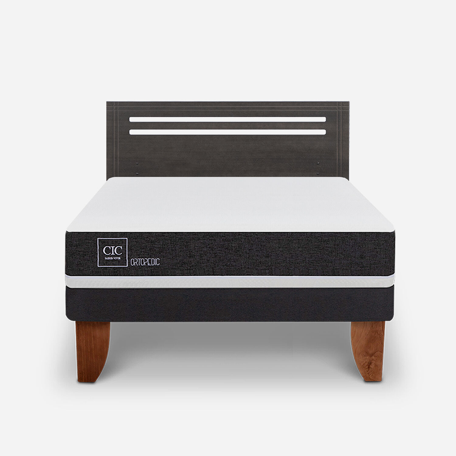 Cama Europea 2 Plazas Ortopedic Base Normal + Respaldo M&uacute;nich Gris