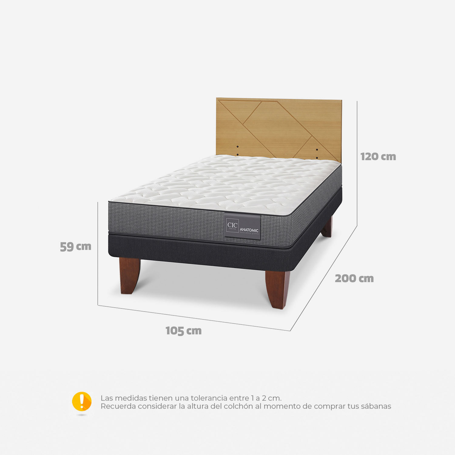 Cama Europea 1,5 Plazas Anatomic + Respaldo Villarrica Mostaza