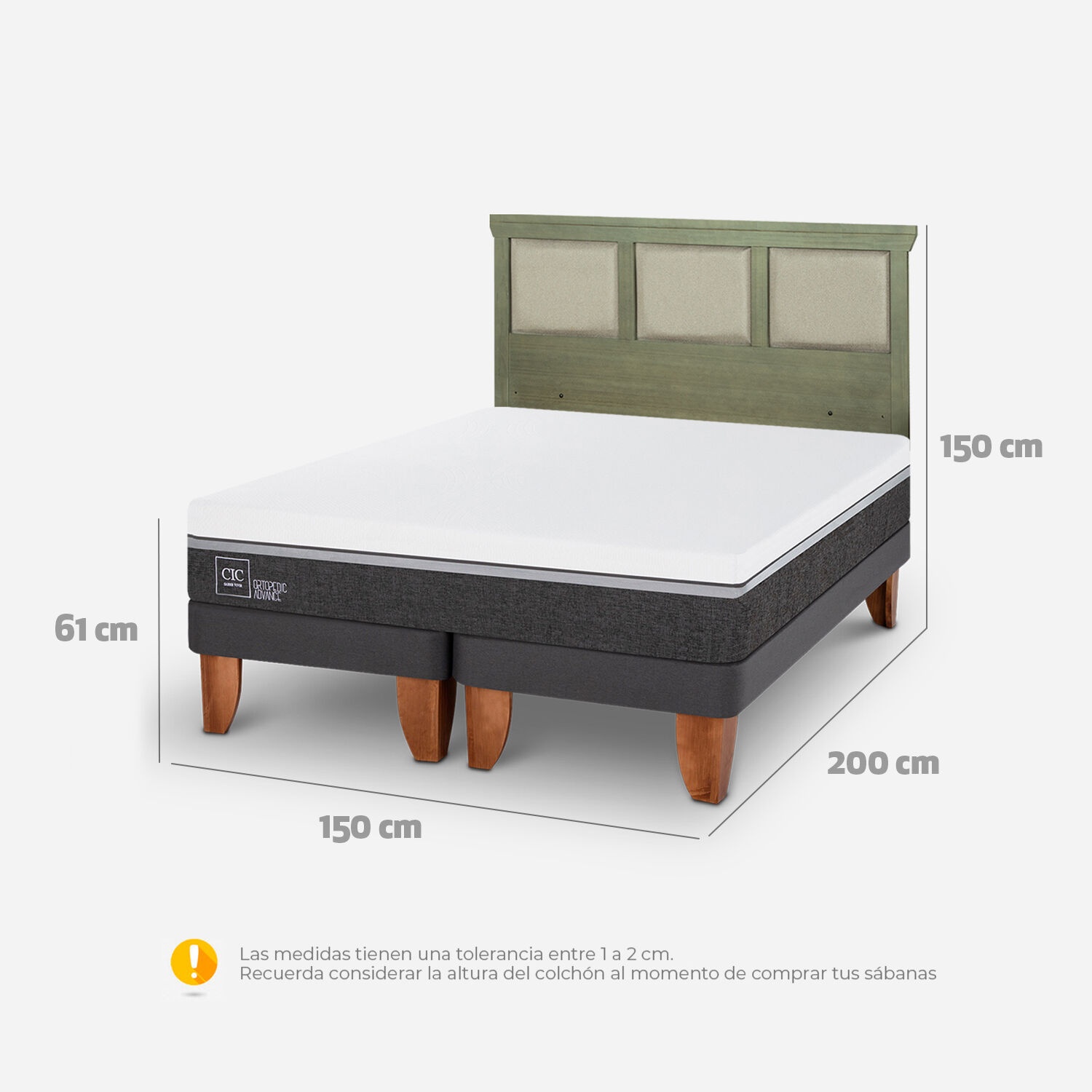Cama Europea 2 Plazas Ortopedic Advance Base Dividida + Respaldo Torino Olivo