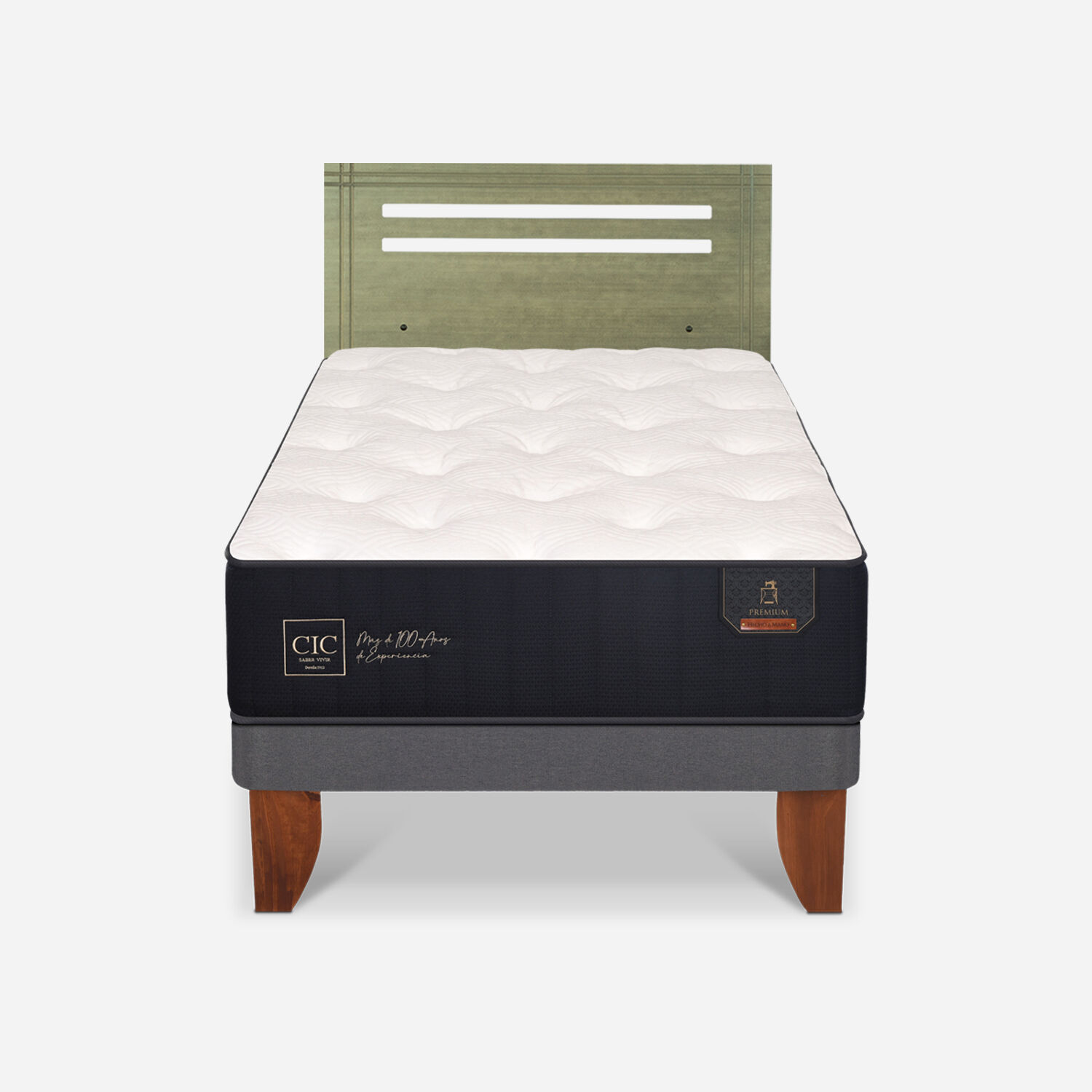 Cama Europea 1,5 Plazas Premium + Respaldo M&uacute;nich Olivo