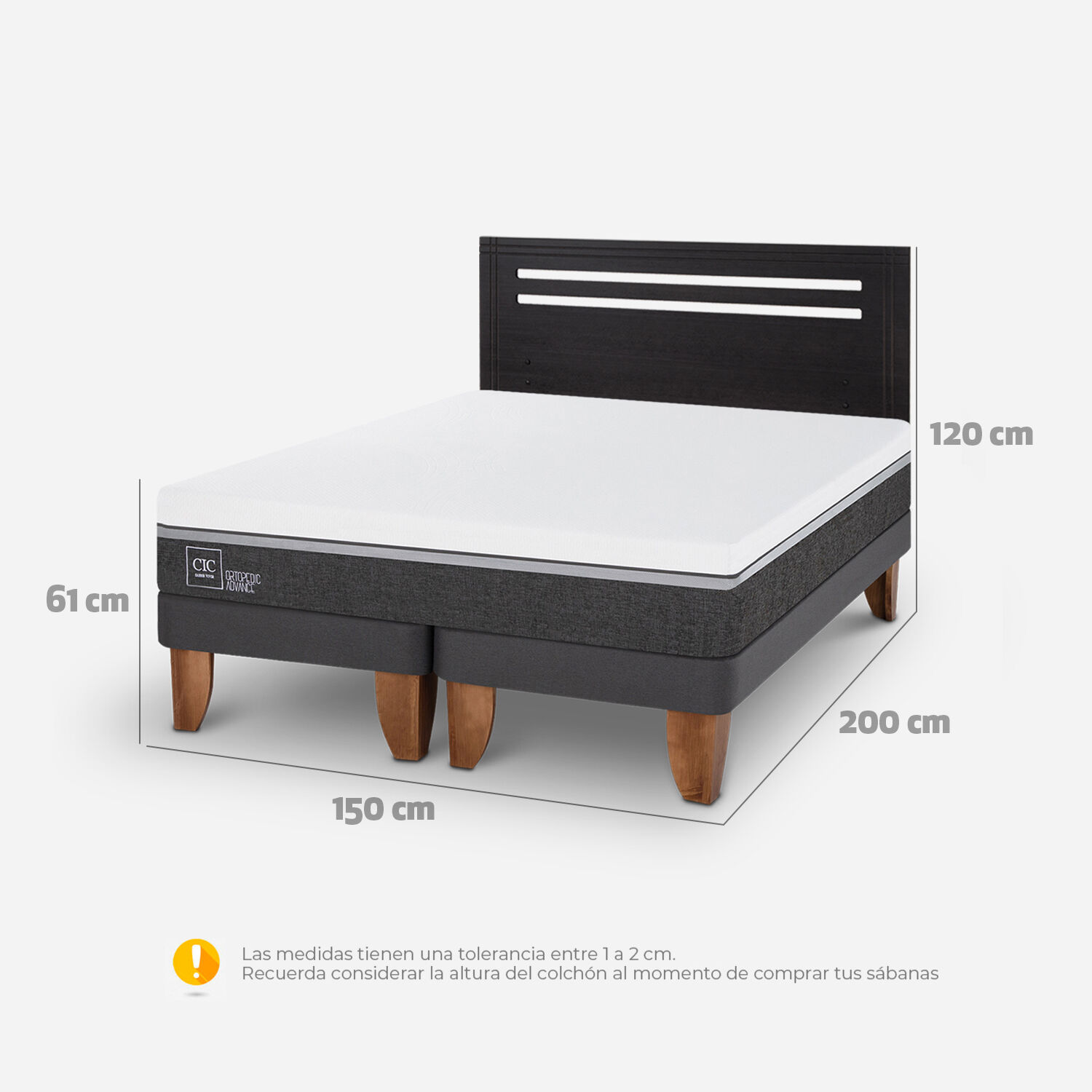 Cama Europea 2 Plazas Ortopedic Advance Base Dividida + Respaldo M&uacute;nich Negro