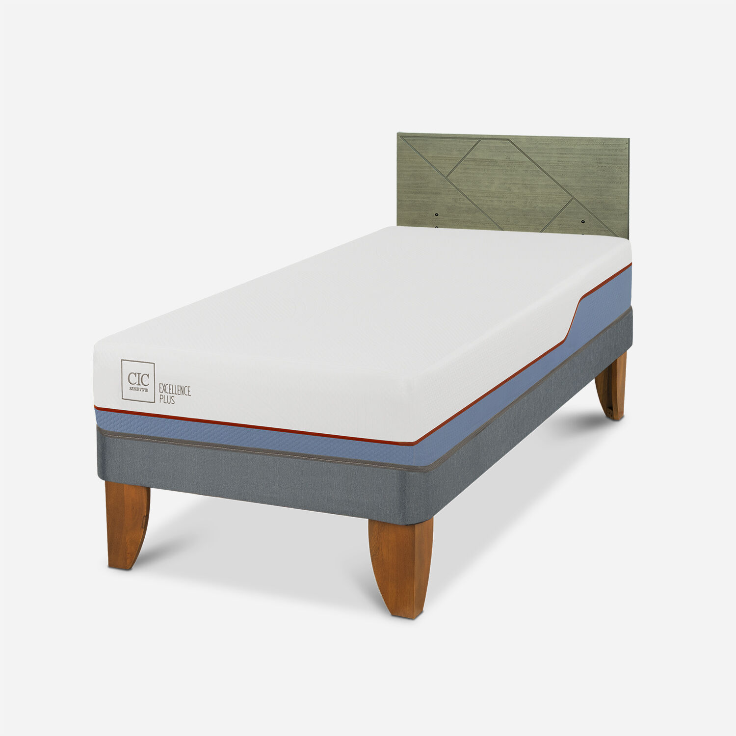 Cama Europea 1,5 Plazas Excellence Plus + Respaldo Villarrica Olivo