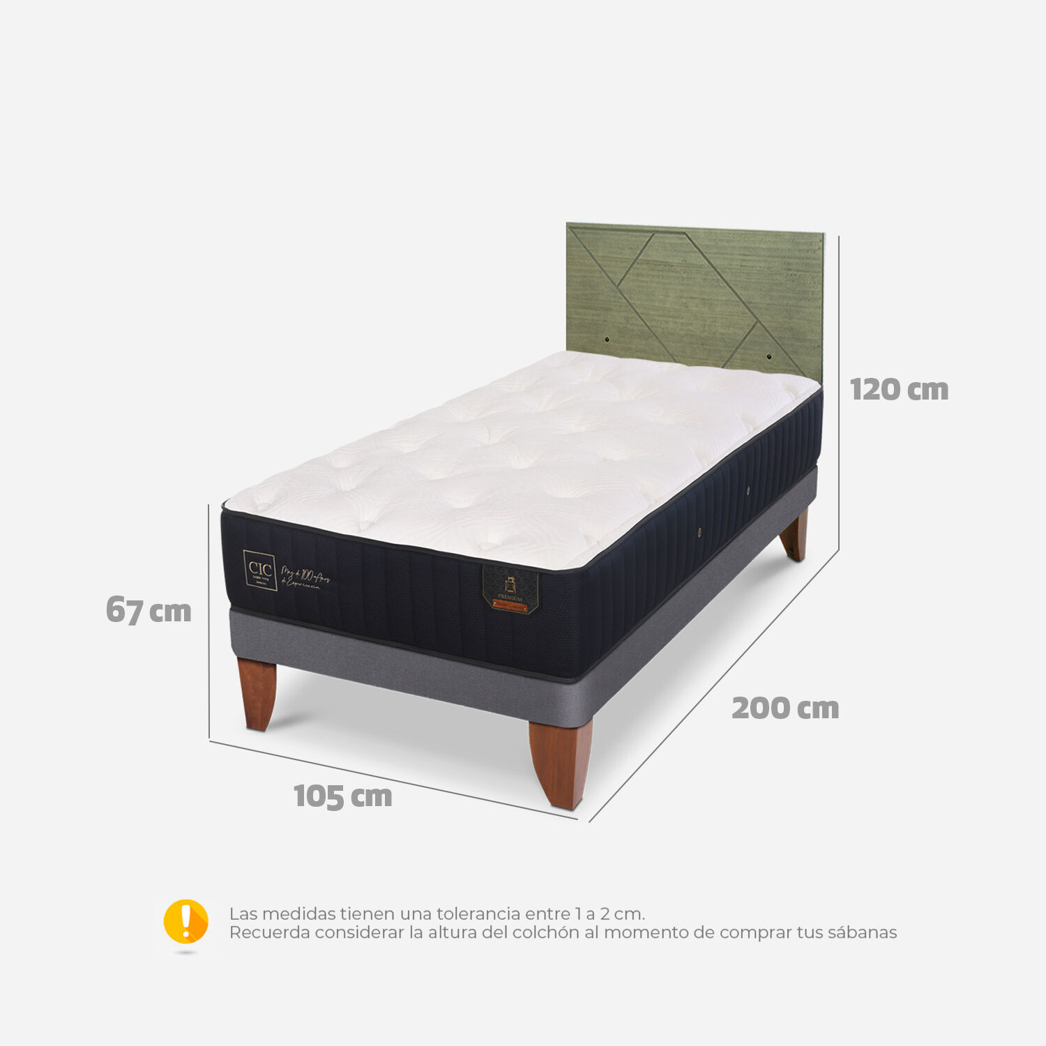 Cama Europea 1,5 Plazas Premium + Respaldo Villarrica Olivo
