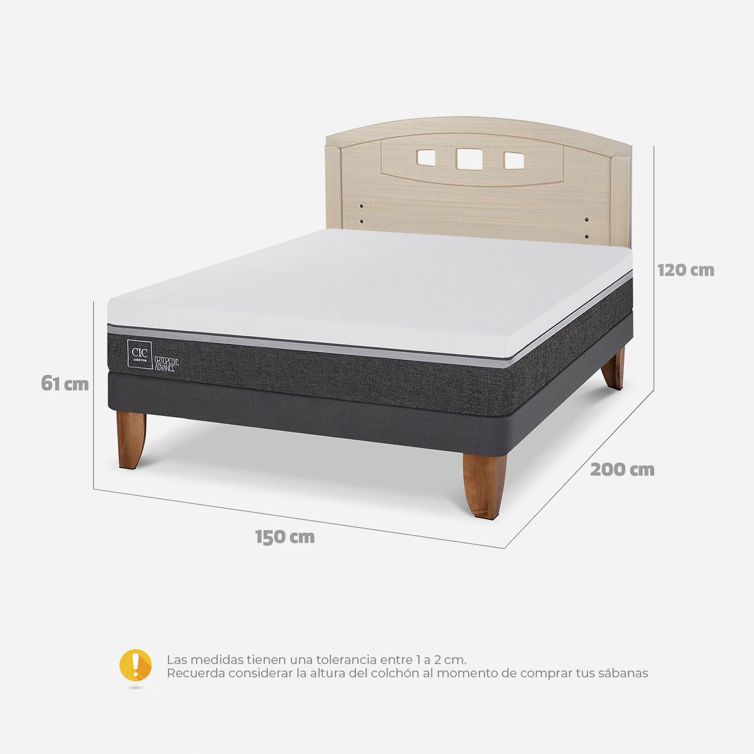 Cama Europea 2 Plazas Ortopedic Advance Base Normal + Respaldo Gales Alpino