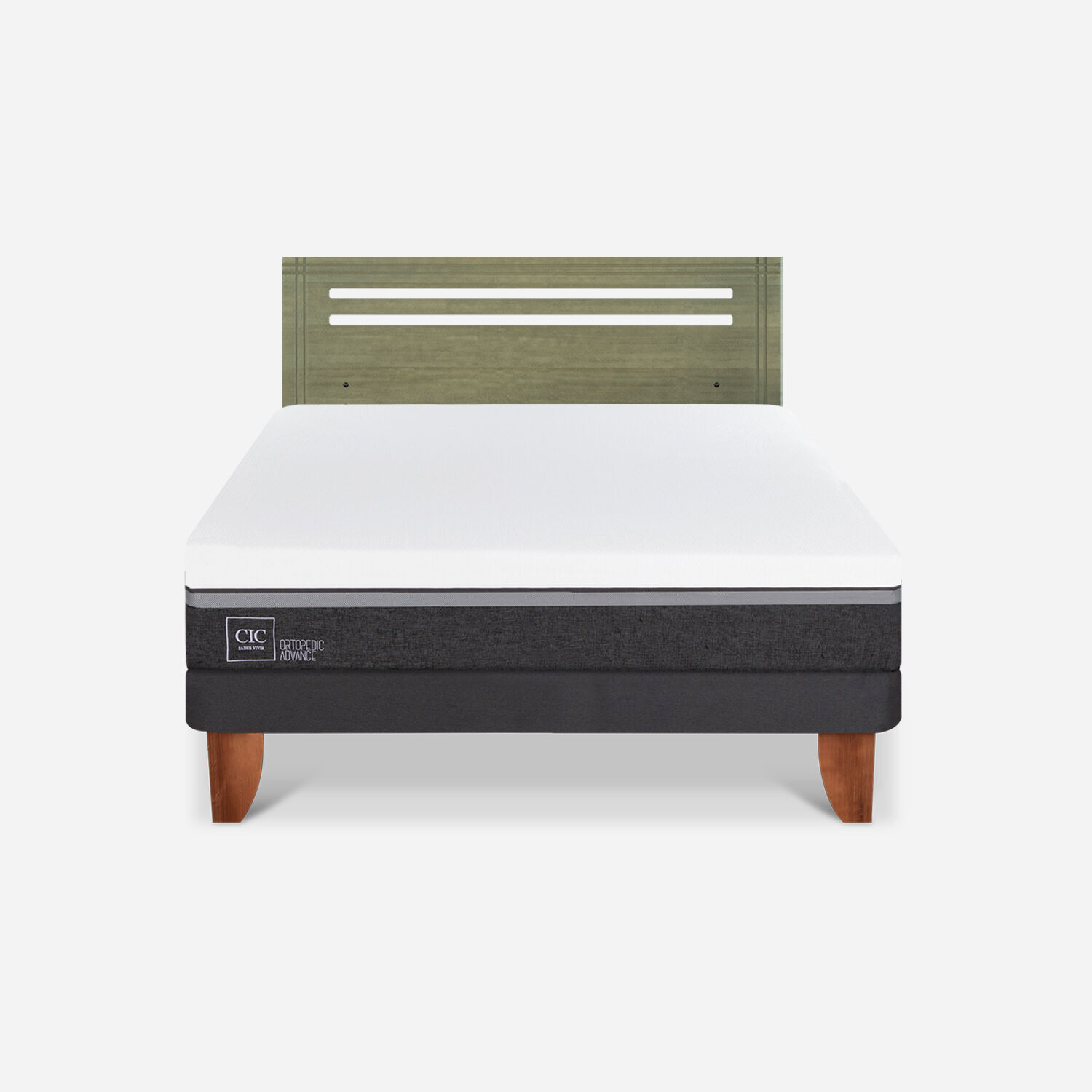 Cama Europea 2 Plazas Ortopedic Advance Base Normal + Respaldo M&uacute;nich Olivo
