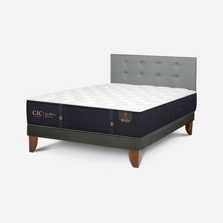 Cama Europea Full Premium + Respaldo Tapizado Gris