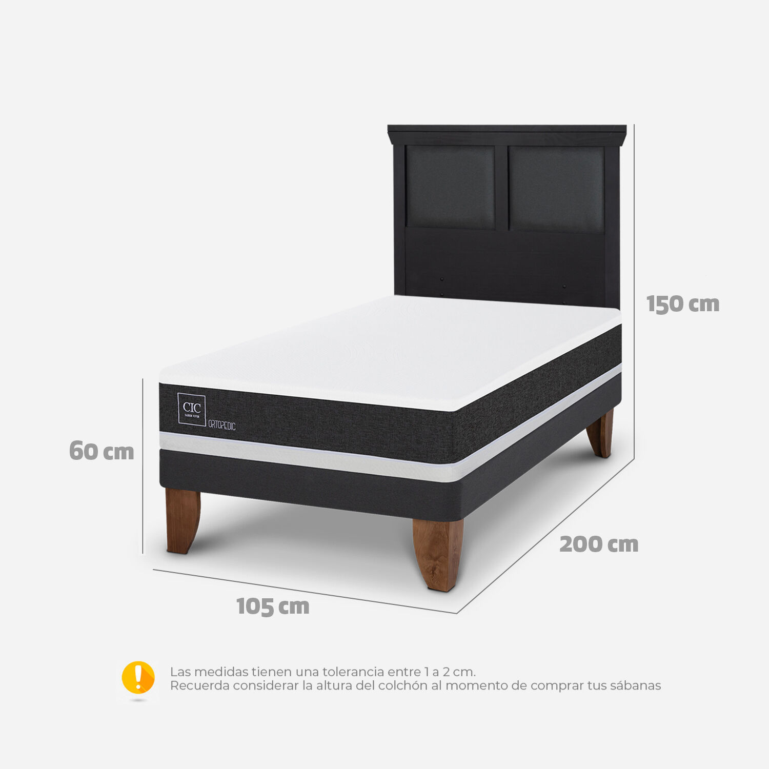 Cama Europea 1,5 Plazas Ortopedic + Respaldo Torino Negro