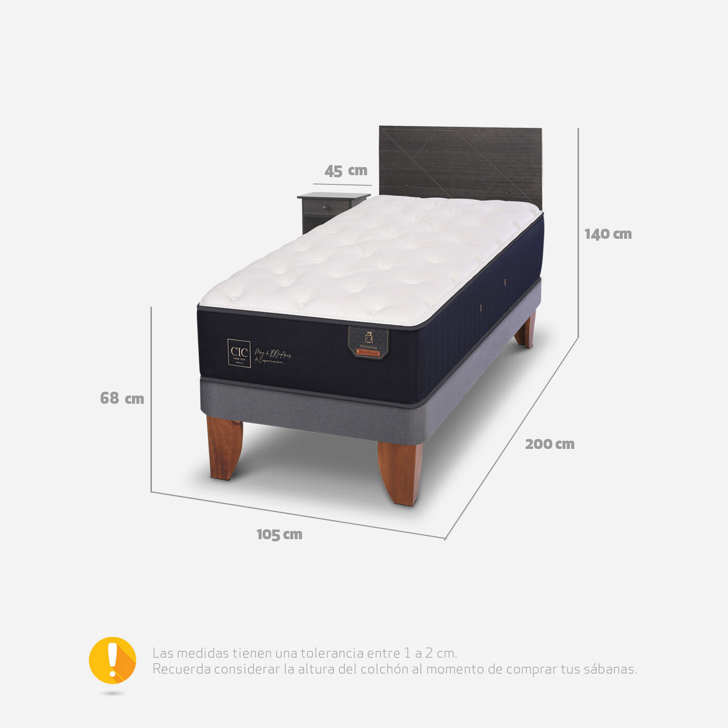 Cama Europea 1,5 Plazas Premium + Set Villarrica Gris