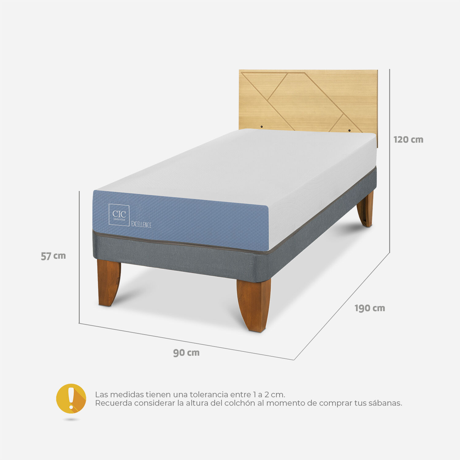Cama Europea 1 Plaza Excellence + Respaldo Villarrica Mostaza