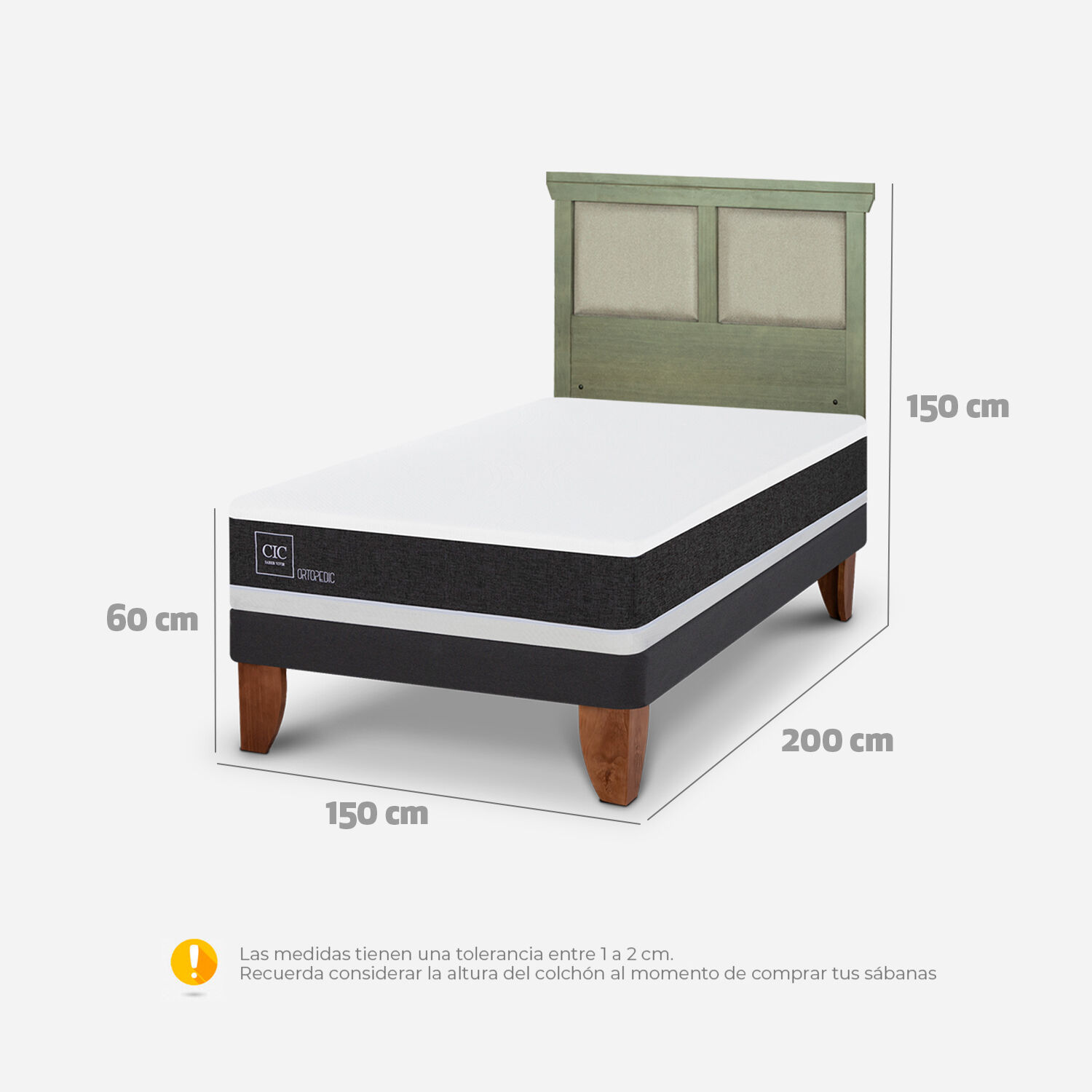 Cama Europea 2 Plazas Ortopedic Base Normal + Respaldo Torino Olivo