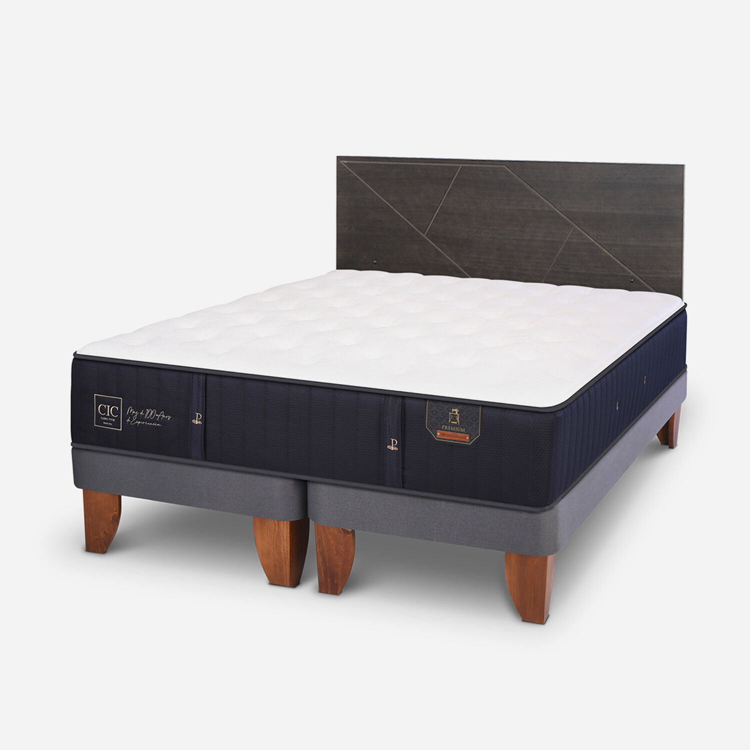 Cama Europea 2 Plazas Premium Base Dividida + Respaldo Villarrica Gris