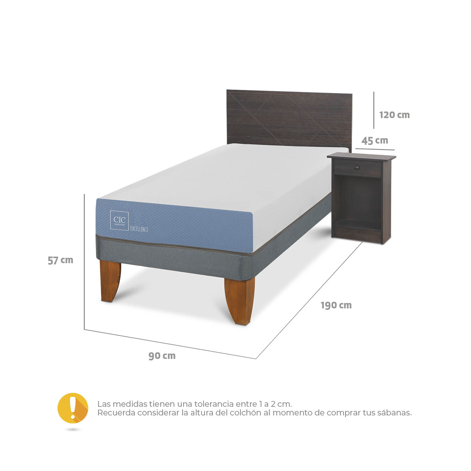 Cama Europea 1 Plaza Excellence + Set Villarrica Gris