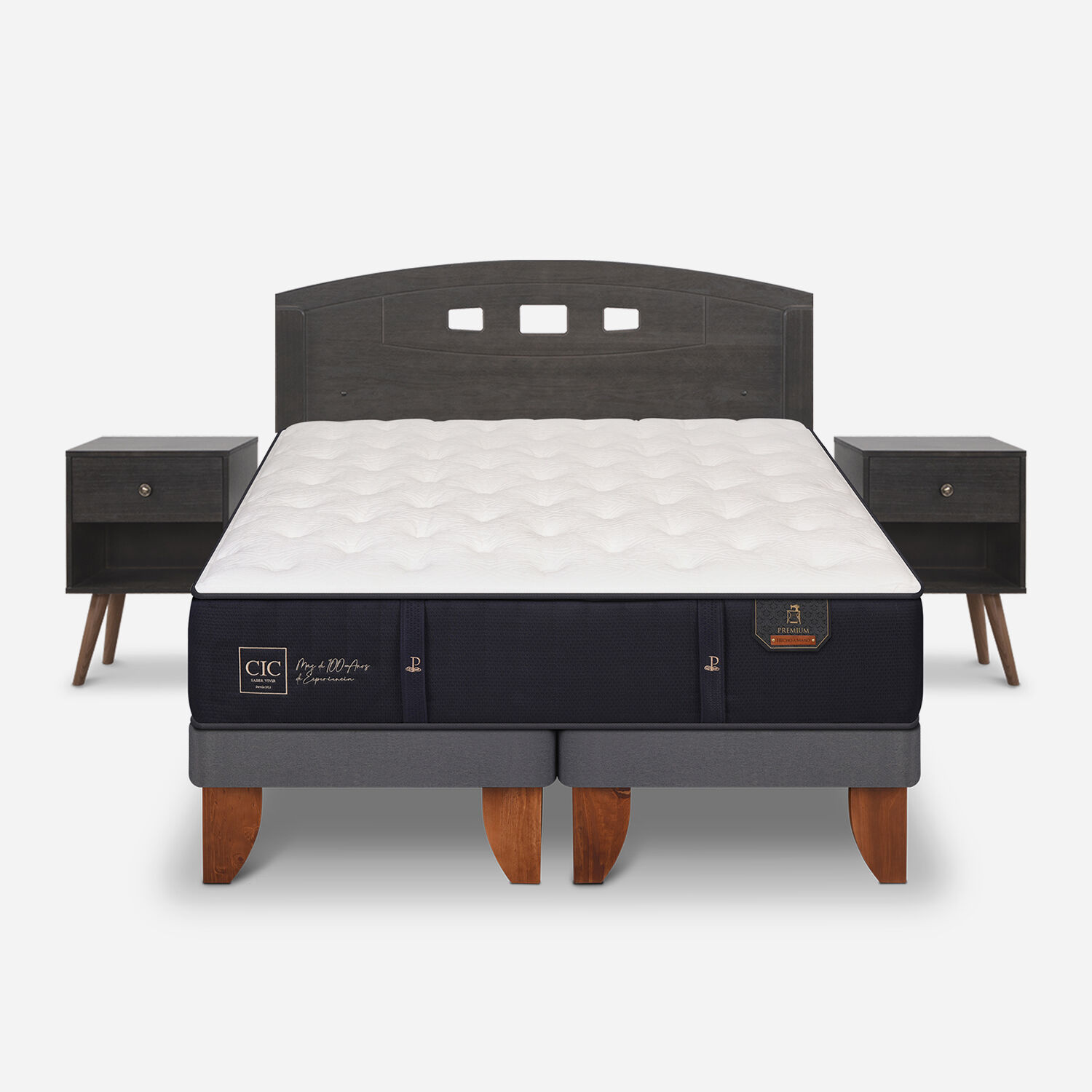 Cama Europea 2 Plazas Premium Base Dividida + Set Gales Gris
