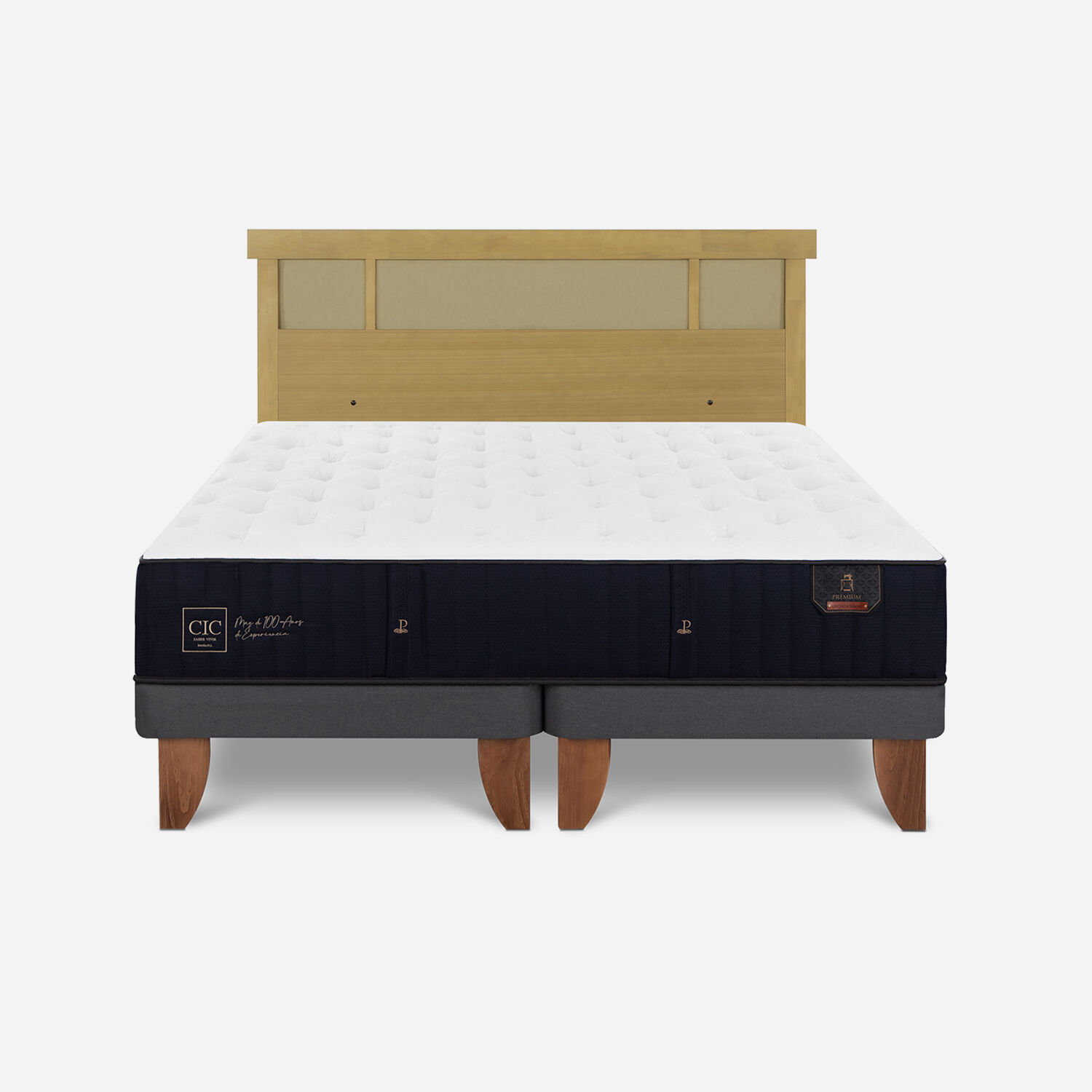 Cama Europea 2 Plazas Premium Base Dividida + Respaldo Dubl&iacute;n Mostaza