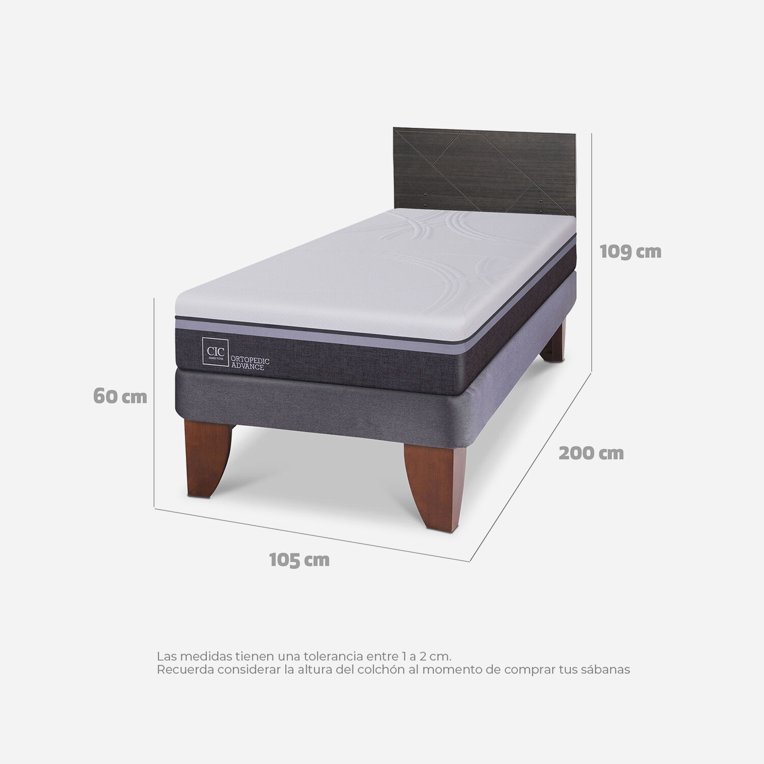 Cama Europea 1,5 Plazas Ortopedic Advance + Respaldo Villarrica Gris