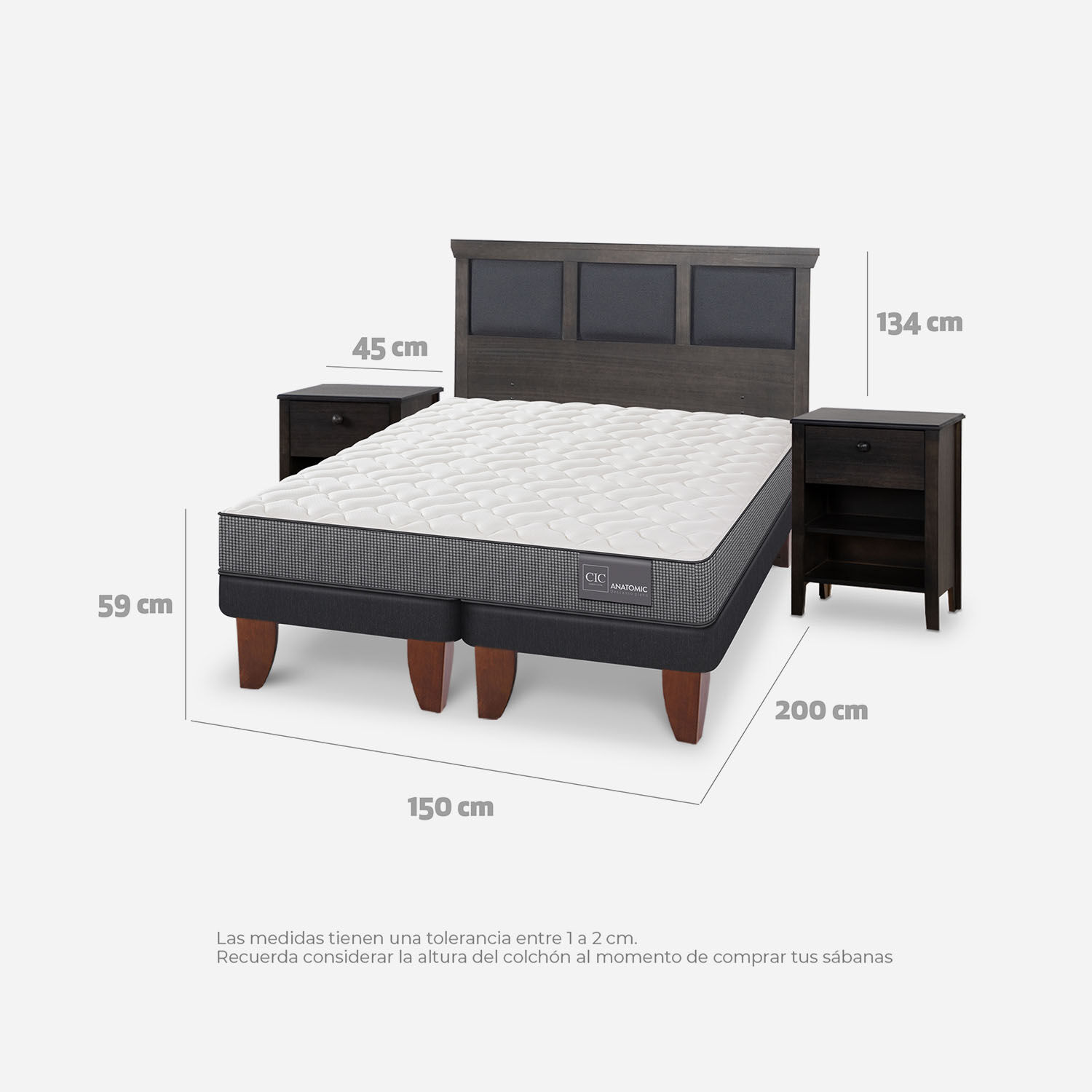 Cama Europea 2 Plazas Anatomic Base Dividida + Set Torino Gris