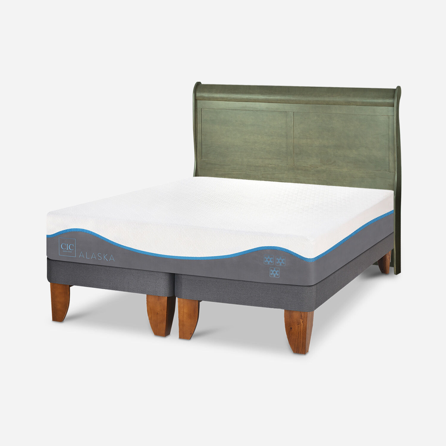 Cama Europea 2 Plazas Alaska Base Dividida + Respaldo Mir&oacute; Olivo