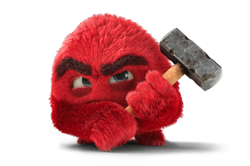 Personaje rojo de Sealy sosteniendo un martillo, representación del alivio de puntos de presión.
