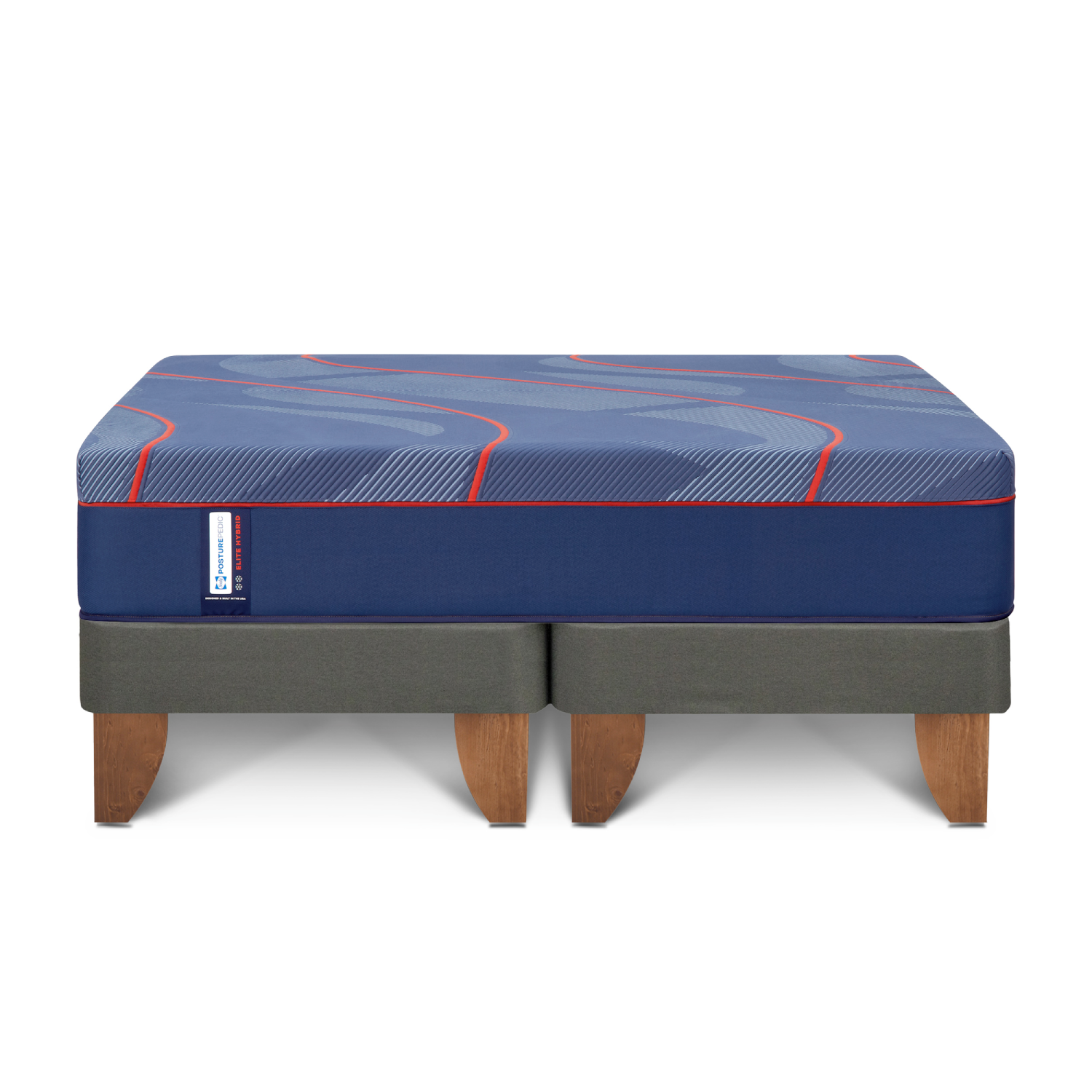 Conjunto Sealy sobre base europea dividida, con patas de madera.