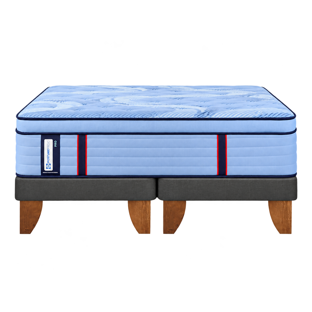 Conjunto Sealy sobre base europea dividida, con patas de madera.